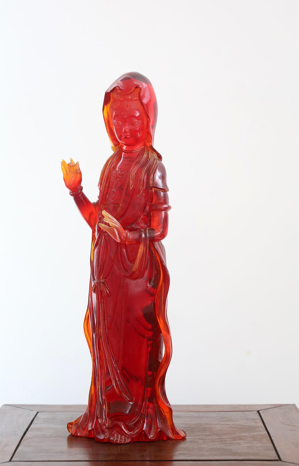 Mid-20th Century Antique Cherry Amber Resin Guanyin Sculpture For Sale