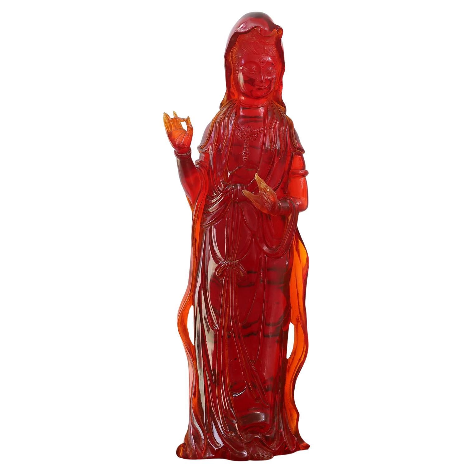 Antique Cherry Amber Resin Guanyin Sculpture