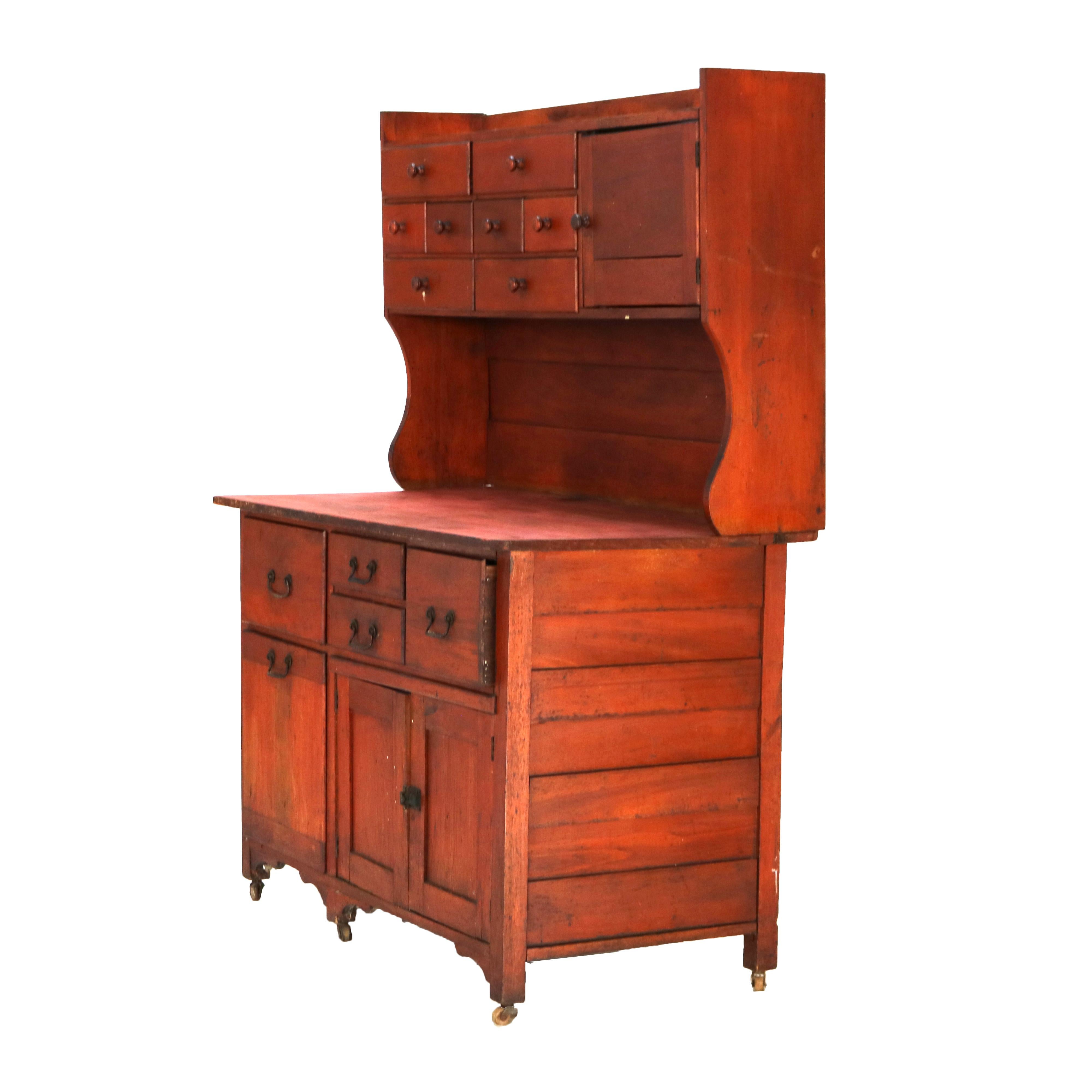 Antique Cherry Bakers Kitchen Cabinet with Upper Step-Back C1920 8