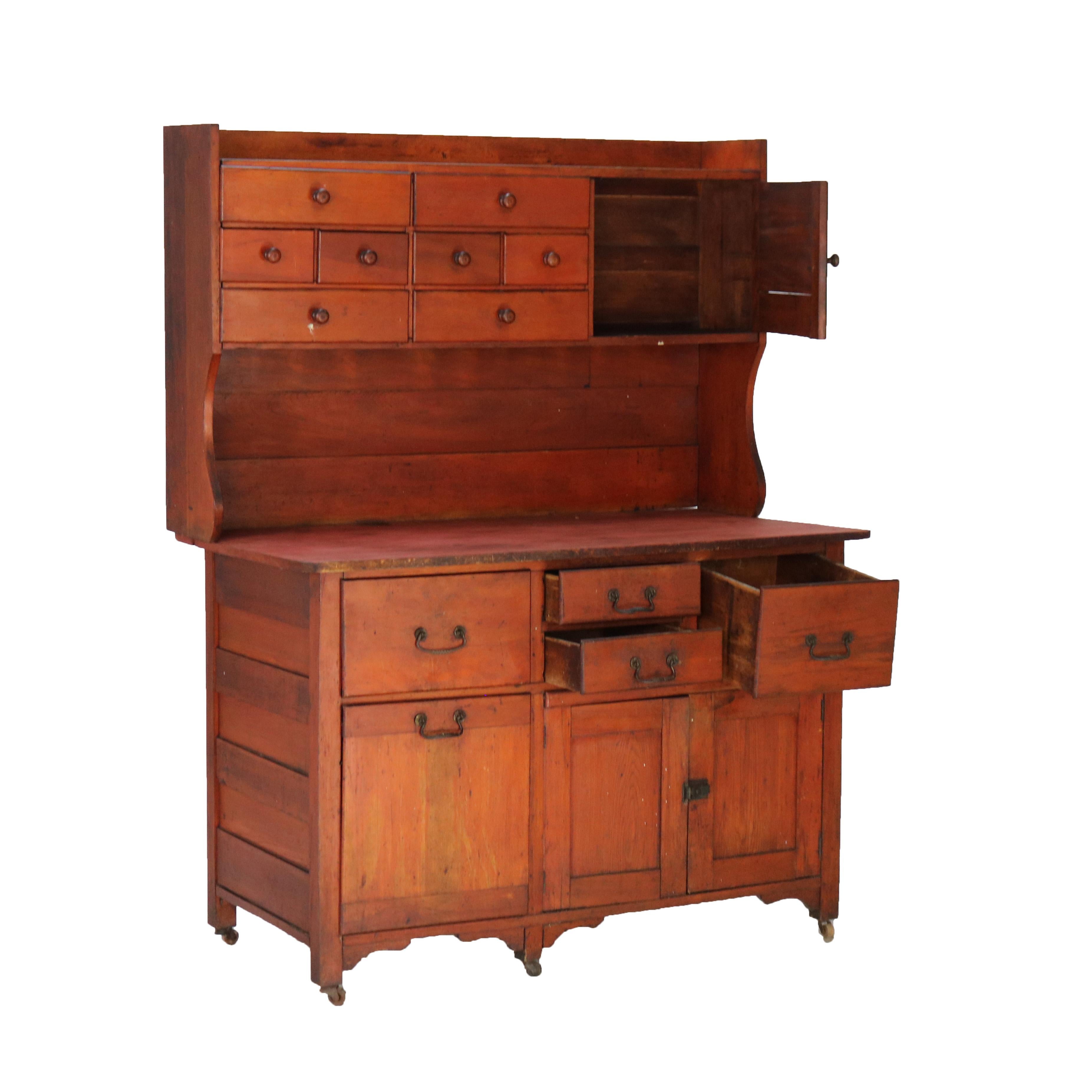 Antique Cherry Bakers Kitchen Cabinet with Upper Step-Back C1920 15