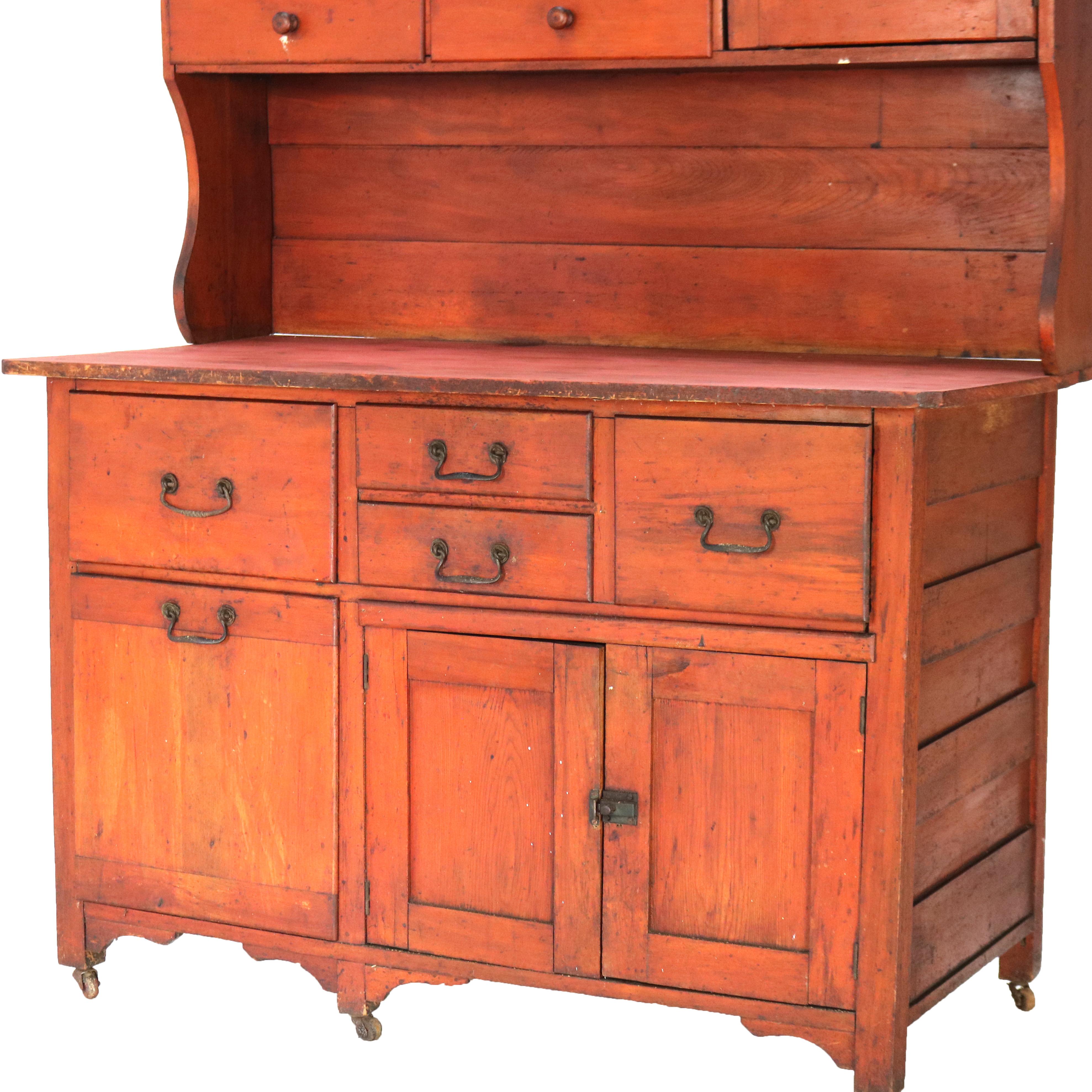 20th Century Antique Cherry Bakers Kitchen Cabinet with Upper Step-Back C1920