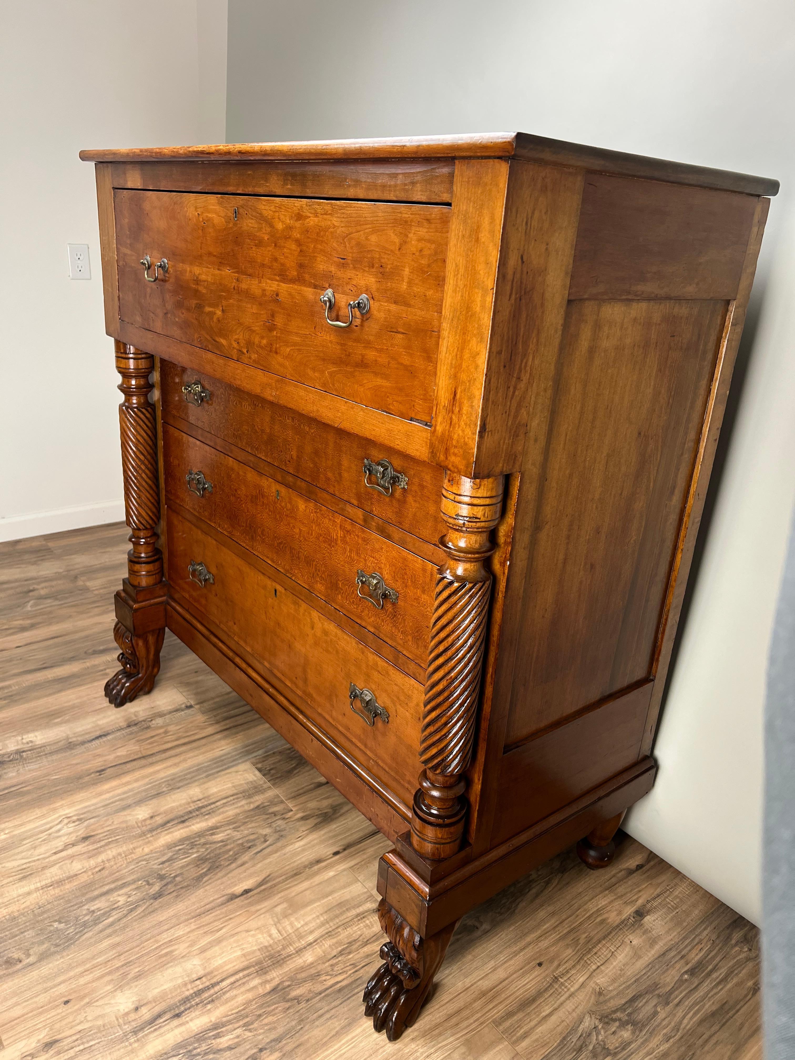 Carved Antique Cherry Late Federal Paw Foot Four Drawer Chest c. 1840