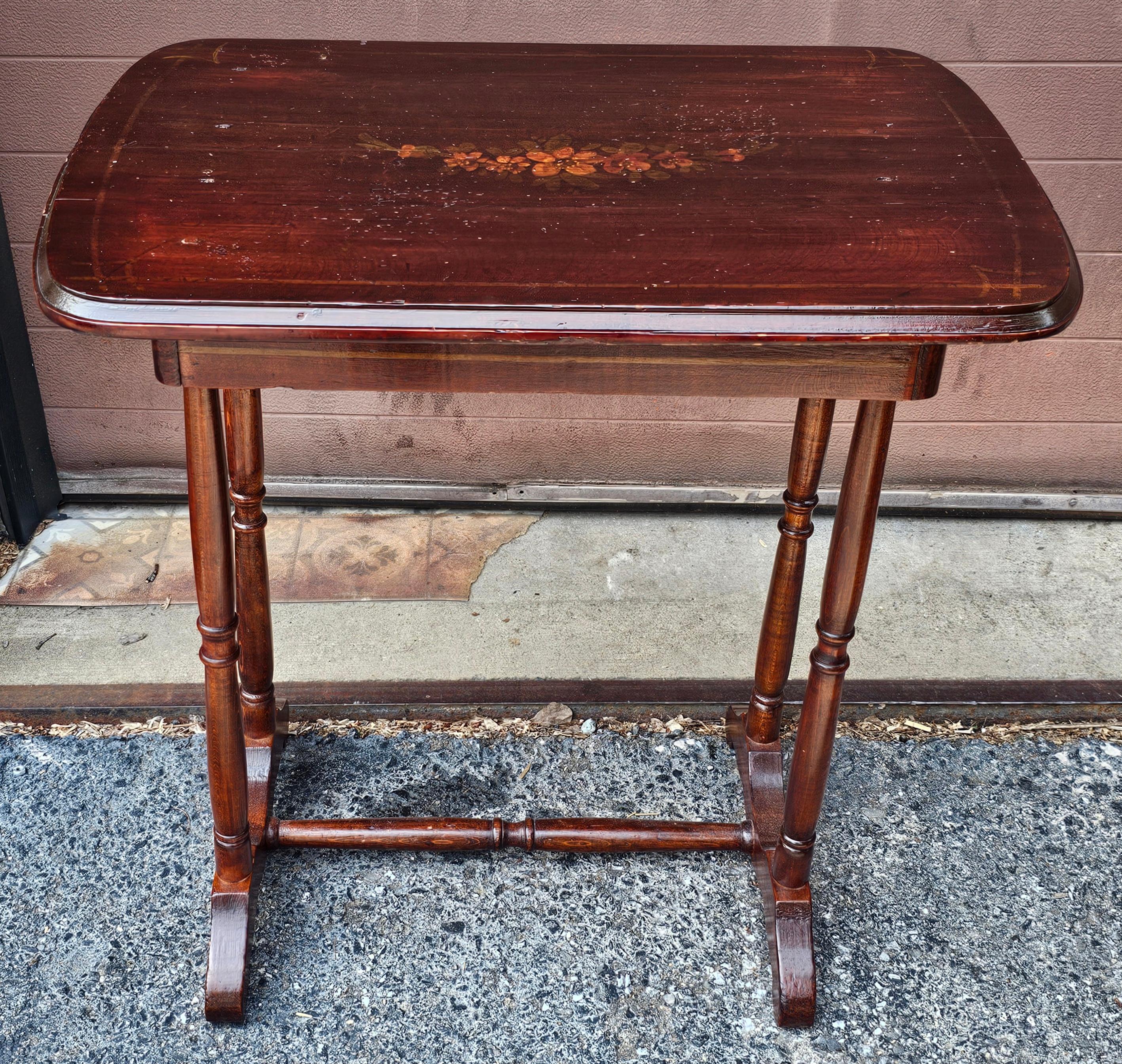 Antique Cherry Stained and Flower Decorated Side Table In Good Condition For Sale In Germantown, MD