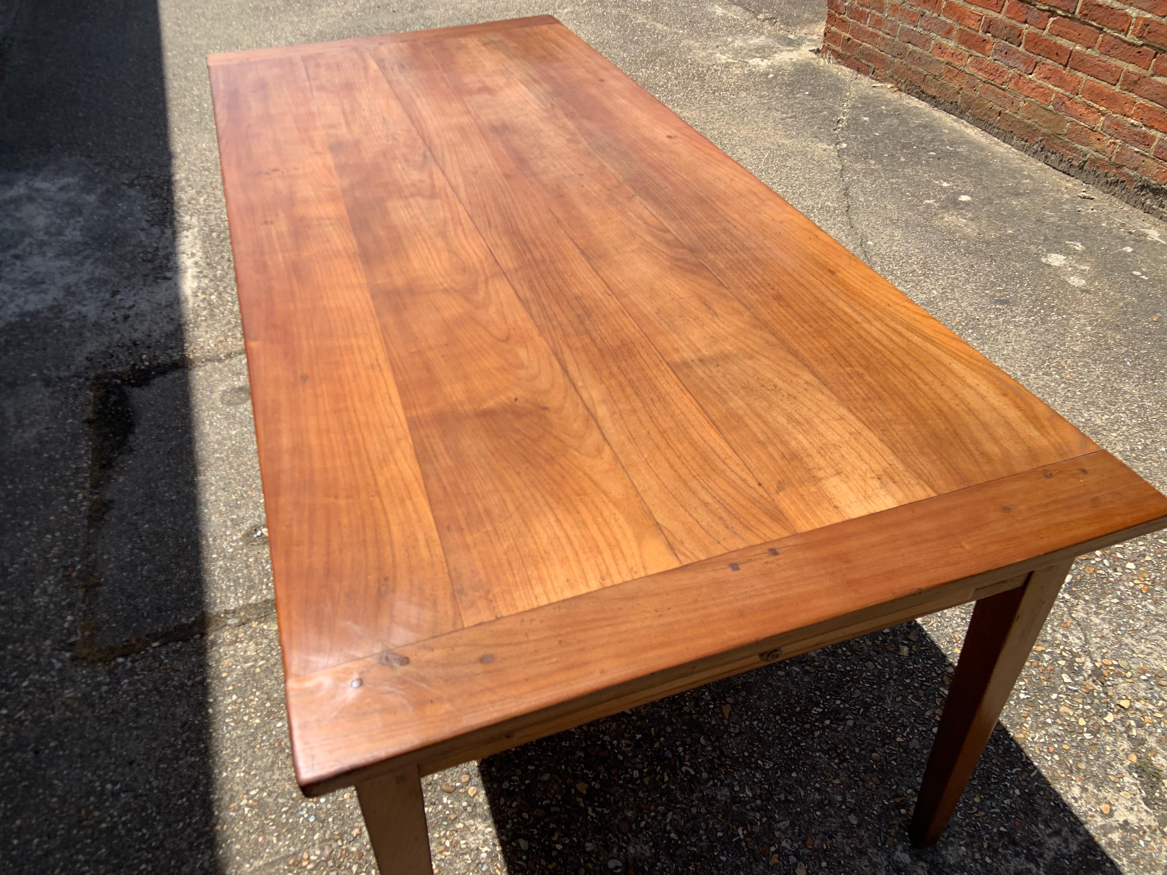 French Antique Cherry Tapered Leg Dining Table with Drawer 