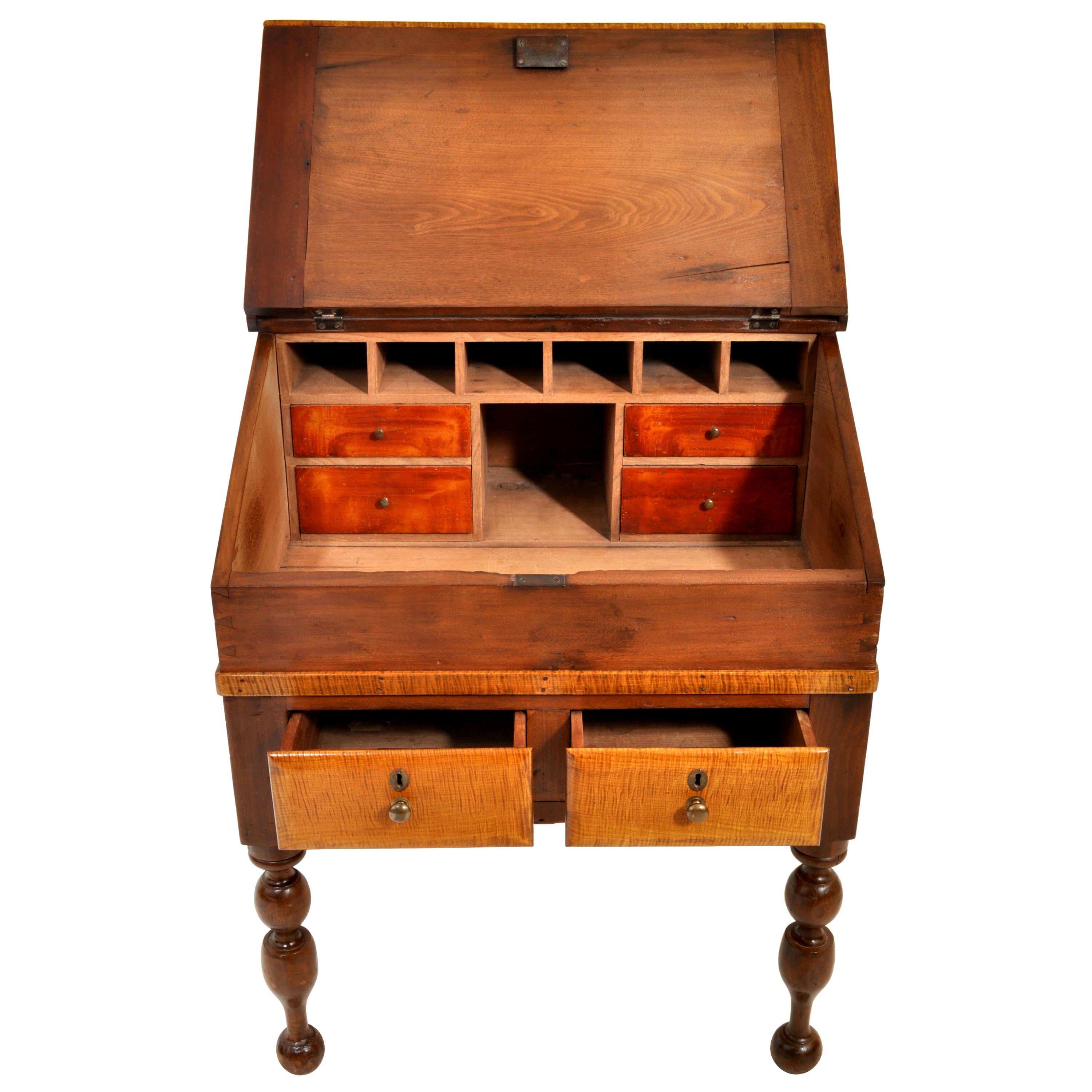 Antique Cherry & Tiger Maple New England Sheraton Plantation Desk/Secretary 1820 In Good Condition In Portland, OR