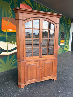 Antique Cherry Wood Glass Door Corner Cabinet Cupboard