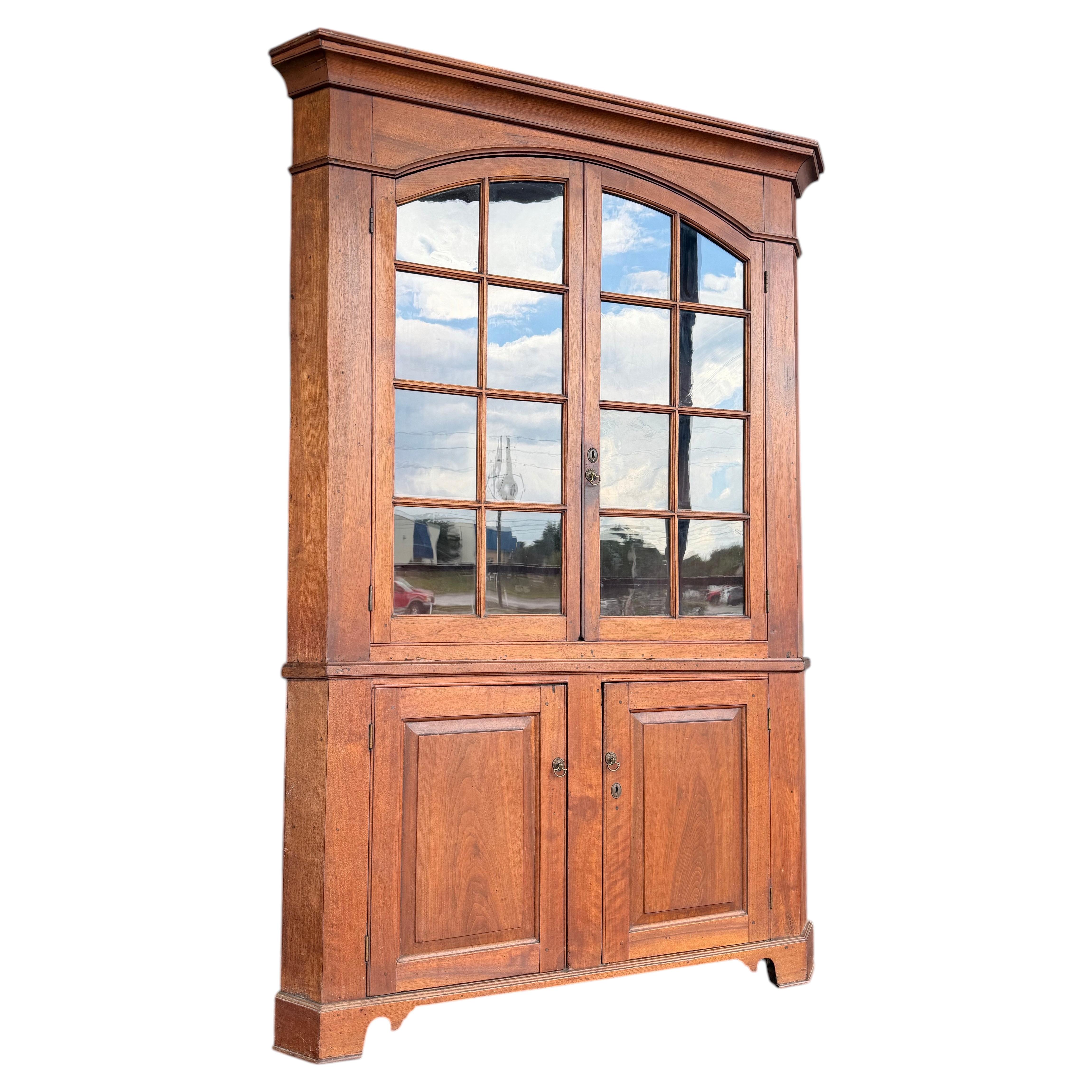 Antique Cherry Wood Glass Door Corner Cabinet Cupboard For Sale