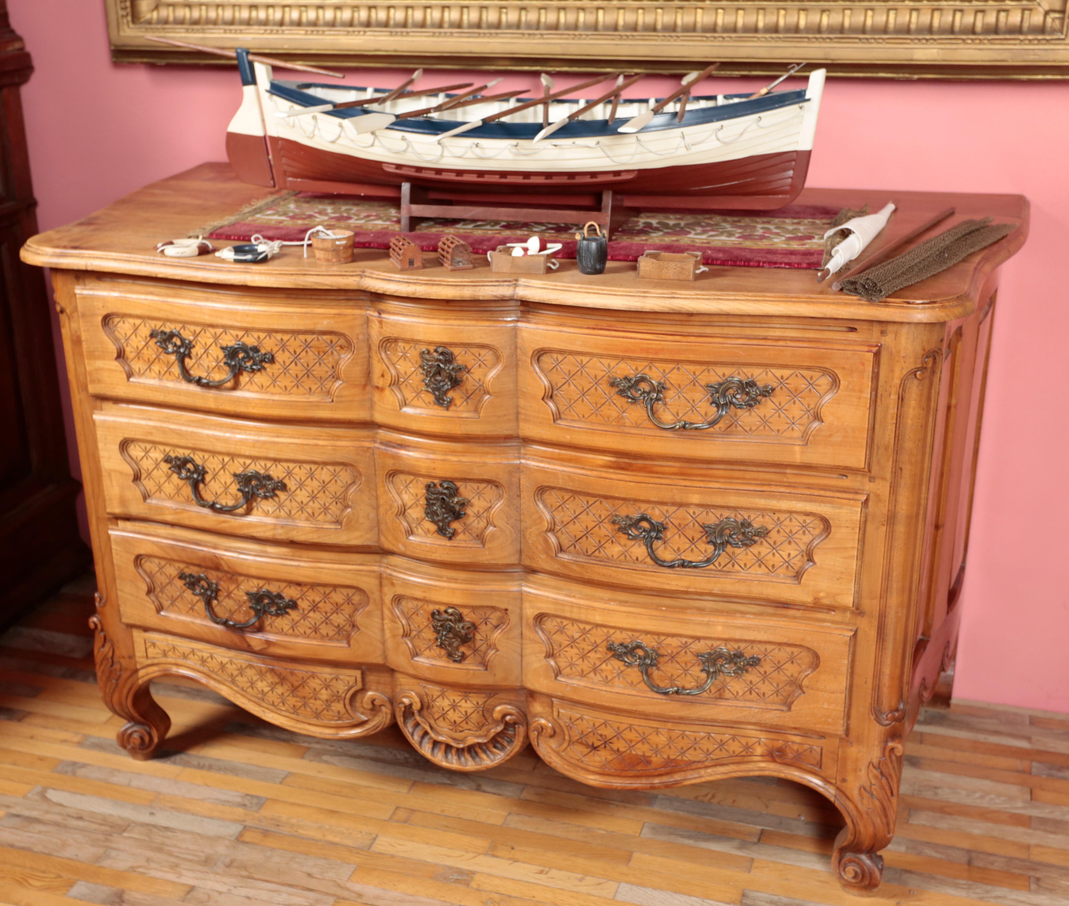 Carved Antique cherry wood chest of drawers For Sale
