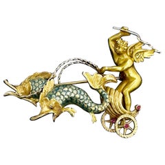 Antique Cherub Angel In Chariot With Dolphins Brooch Ruby Enamel Putti 18 Karat