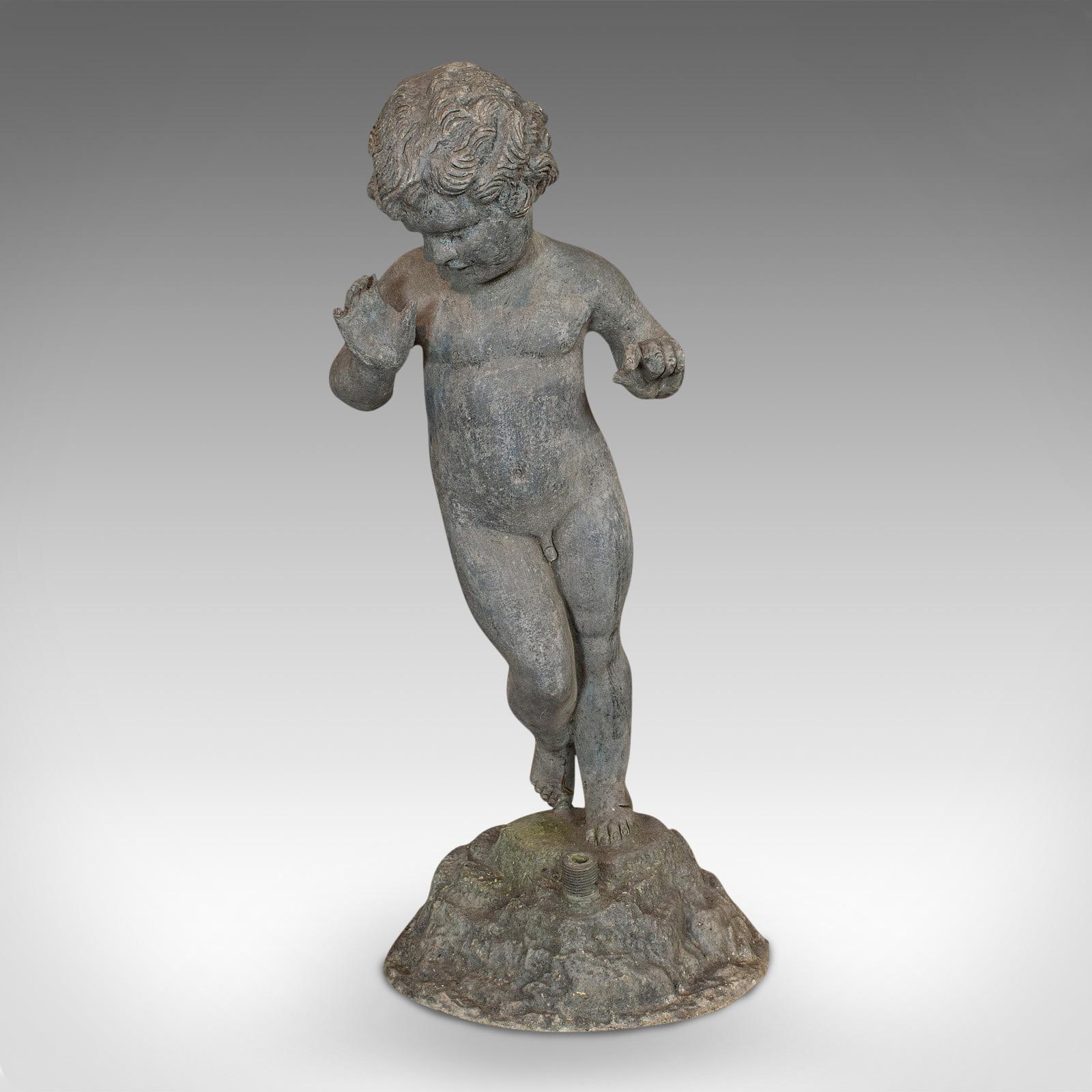 This is an antique cherub. An English, lead putto statue, ideal for an ornamental garden, dating to the late Victorian period, circa 1900.

A wonderfully substantial statue
Displays a desirable aged patina
Cast in lead, with skilled, fine