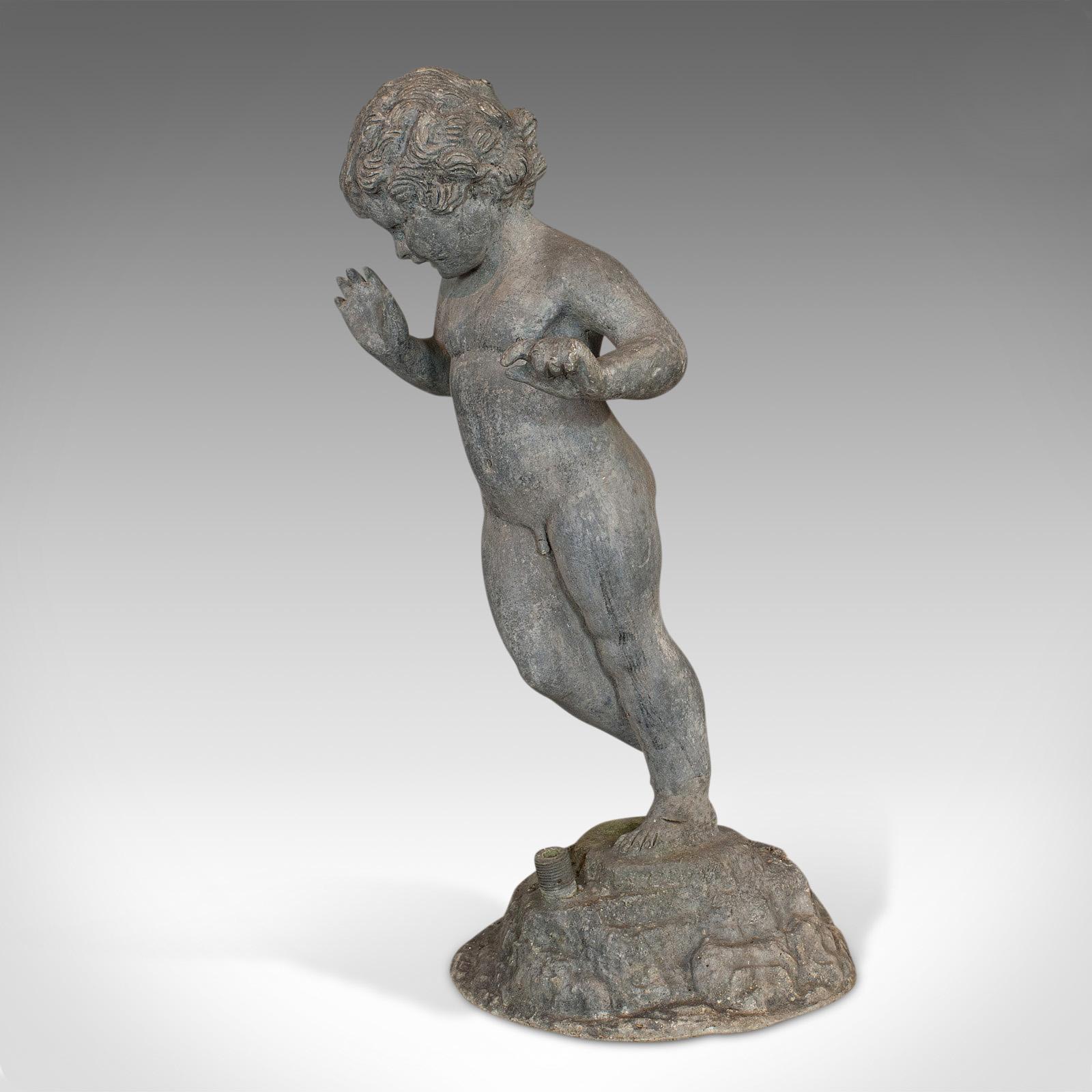 British Antique Cherub, English, Lead, Putto, Statue, Ornamental Garden, Victorian, 1900