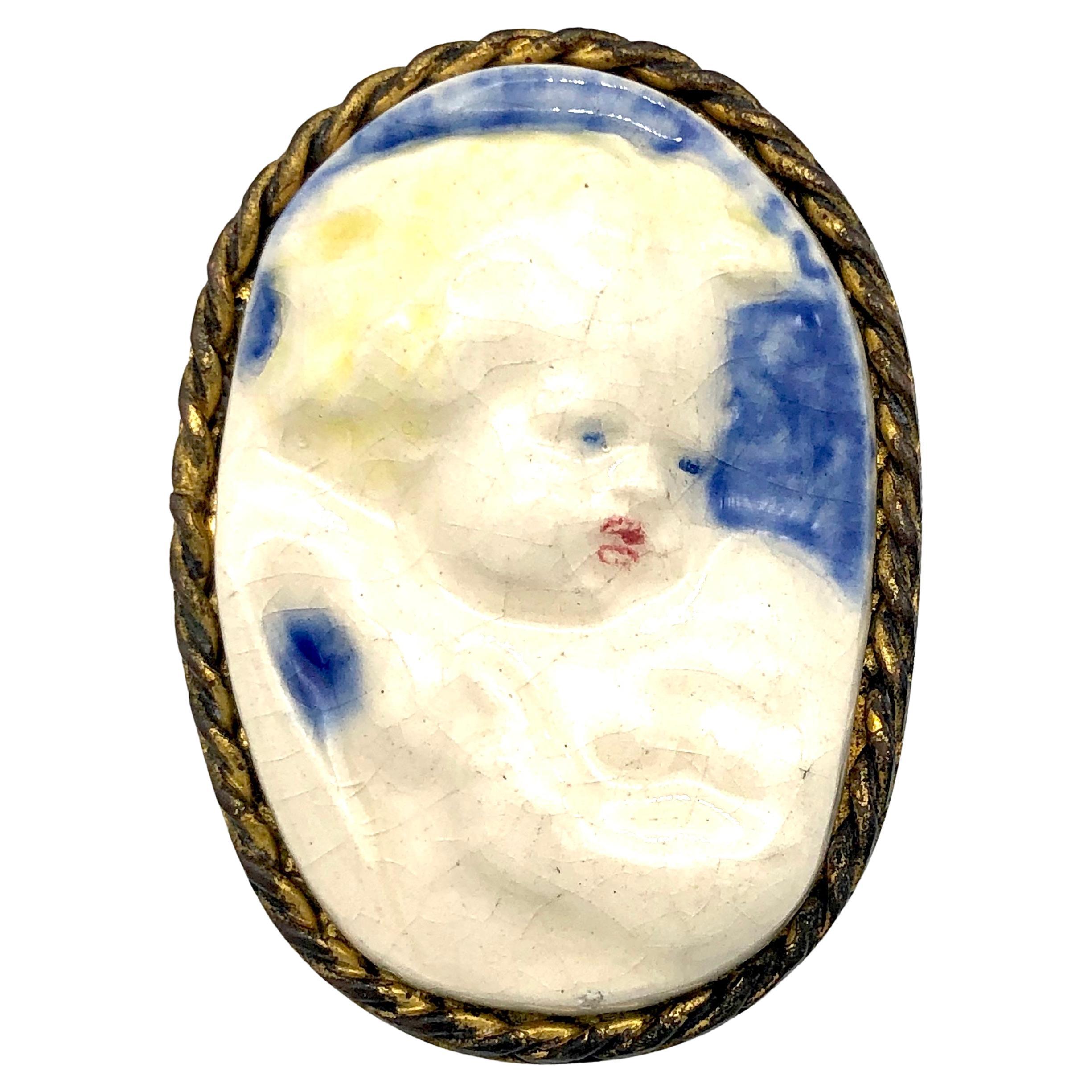 Antique Cherub Putto Child Brooch Ceramic Brass Frame