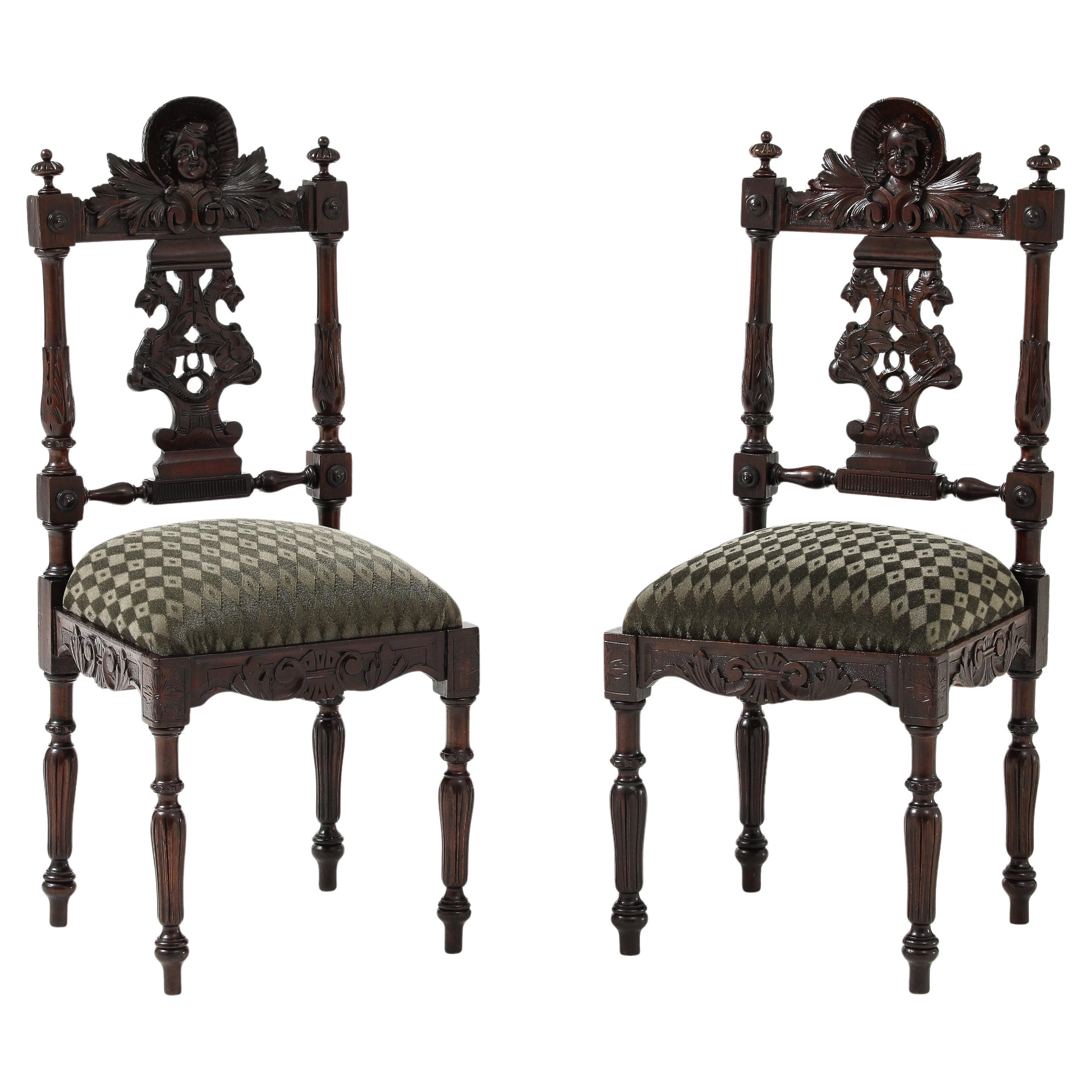 Antique Cherubs Angels Carved Walnut French Side Chairs