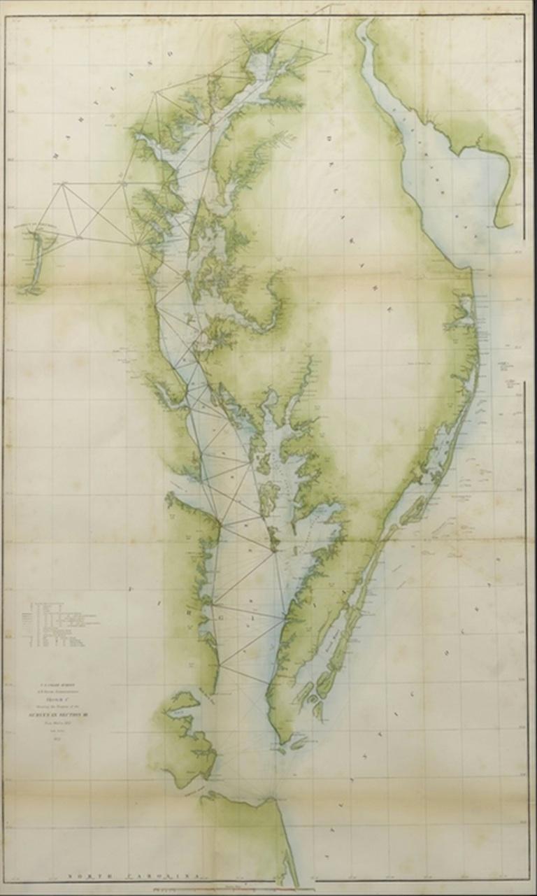 1851 U.S. Coast Survey Map of the Chesapeake Bay and Delaware Bay, published for the U.S.C.S 1851 Superintendent's Report. 

This is a beautiful map of the 1851 U.S. Coast Survey's chart of the Chesapeake Bay. Prepared under the supervision of