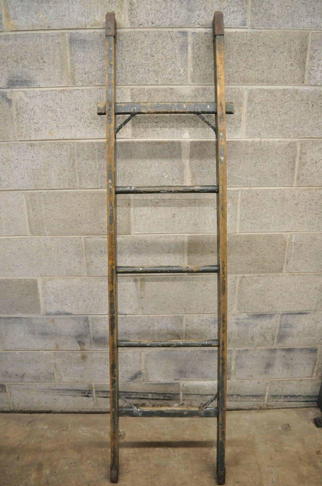Antique Cheseboro Whitman Green Distressed Painted Primitive Wooden Ladder 1