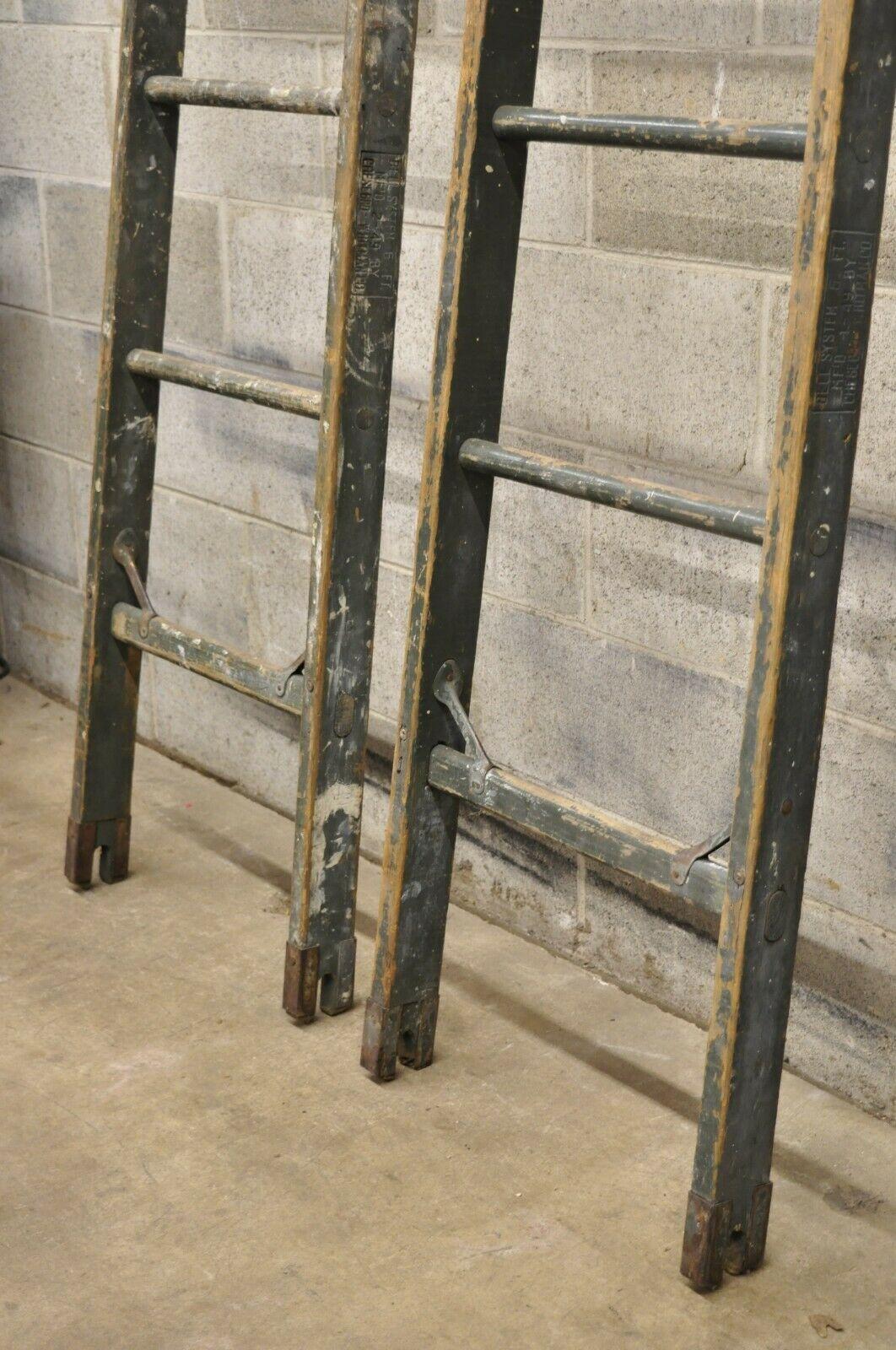 Industrial Antique Cheseboro Whitman Green Distressed Painted Primitive Wooden Ladder