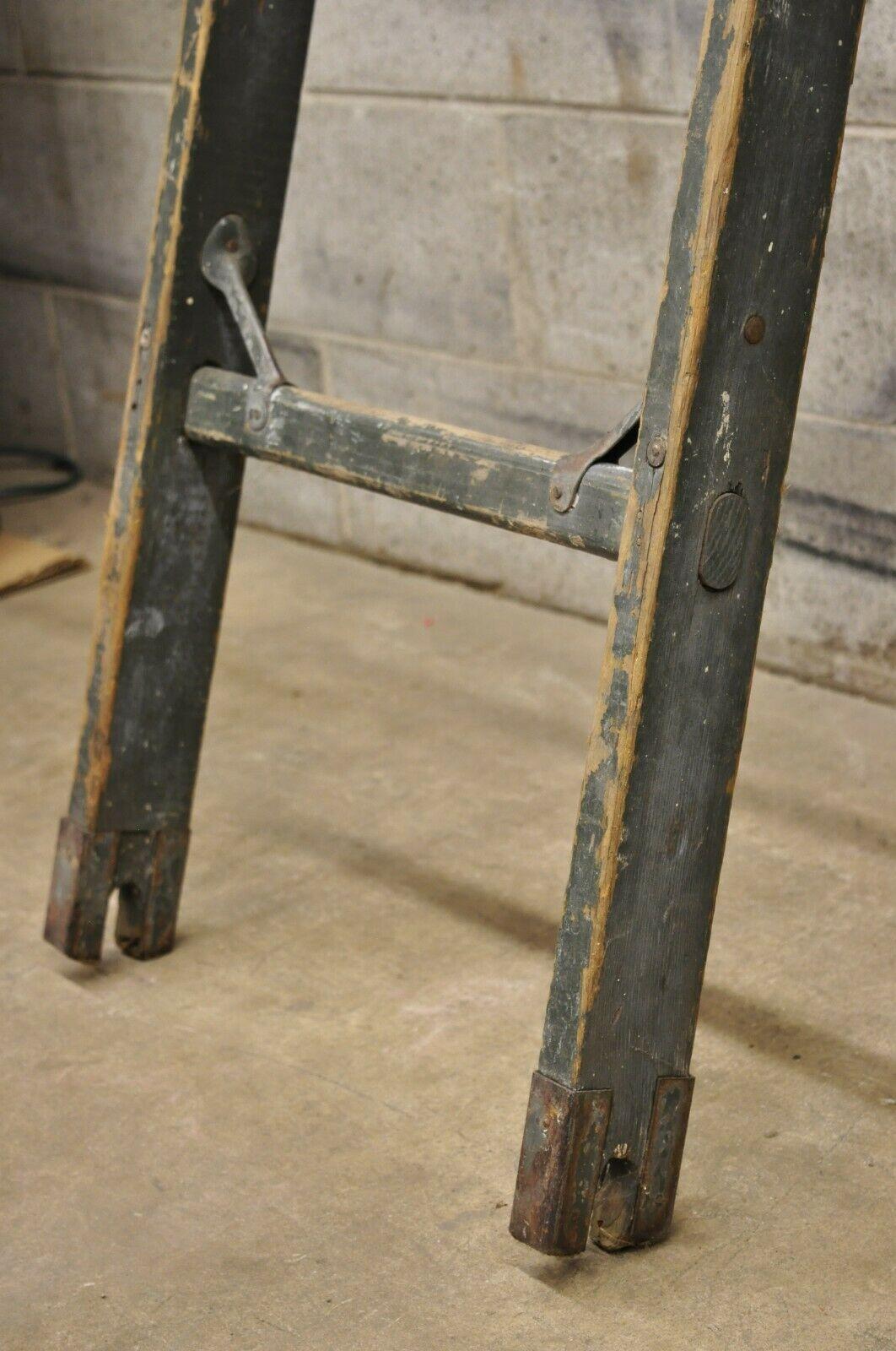20th Century Antique Cheseboro Whitman Green Distressed Painted Primitive Wooden Ladder