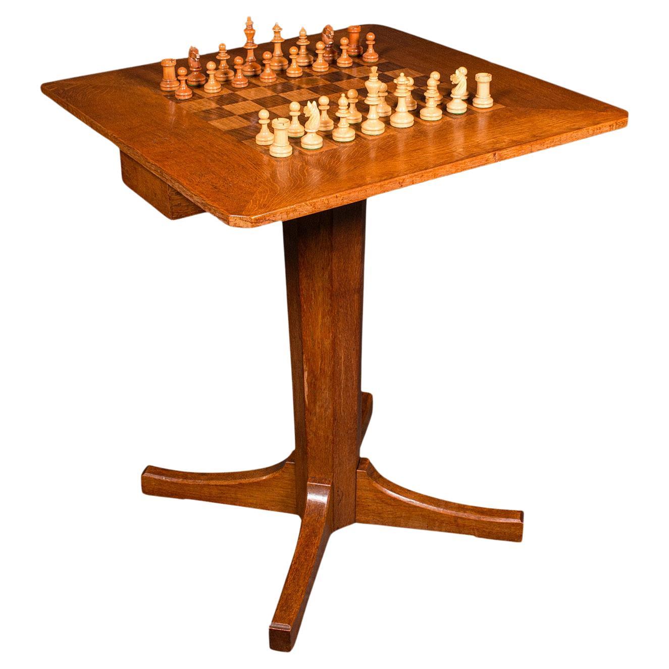 Antique Chess Table, English Oak, Games Table, Cotswold School, Mid 20th Century