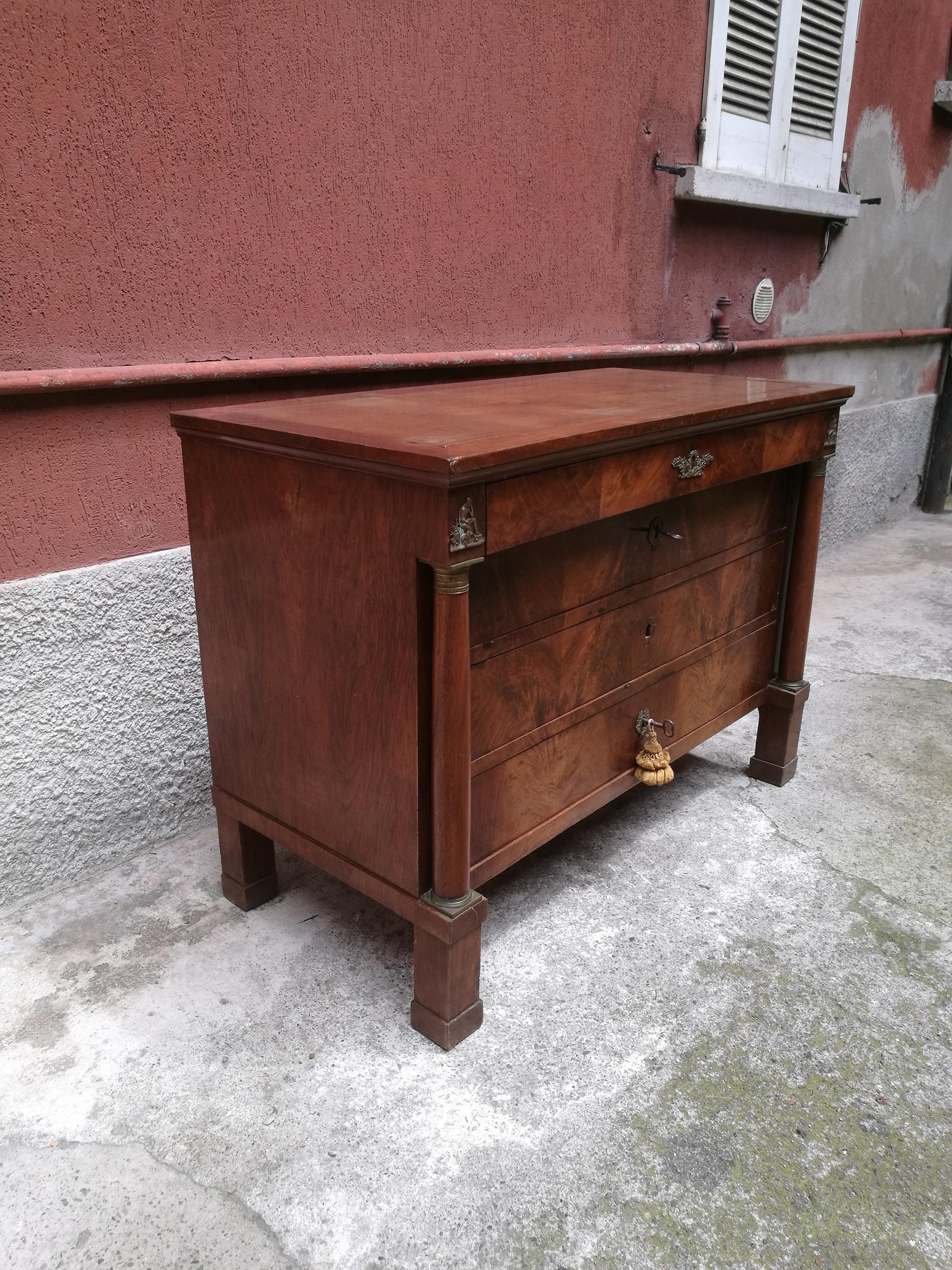 Empire Italian antique wood chest of drawers, 1800s