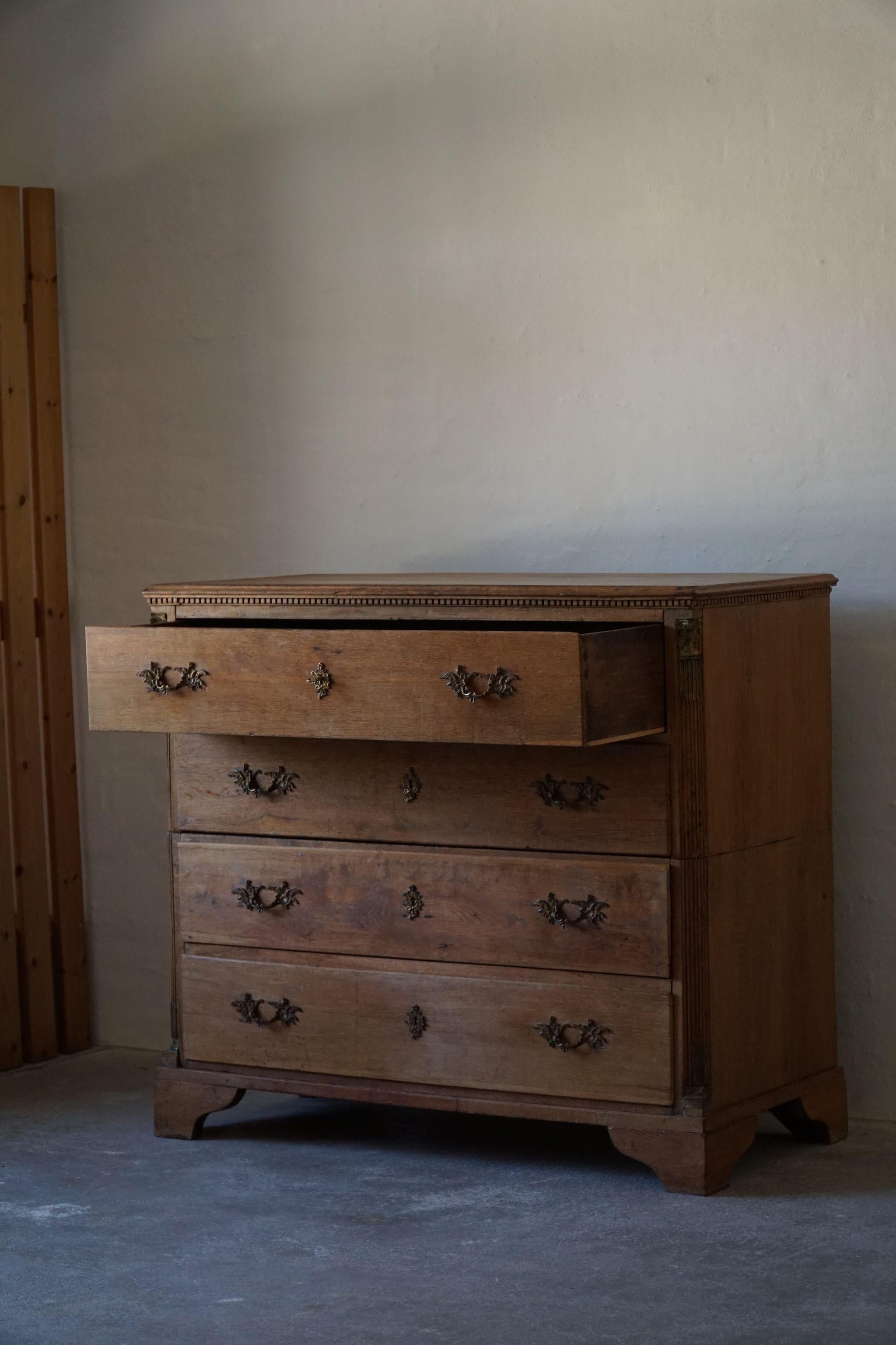 Hand-Carved Antique Chest of Drawers in Oak, Made in Denmark, Mid-19th Century