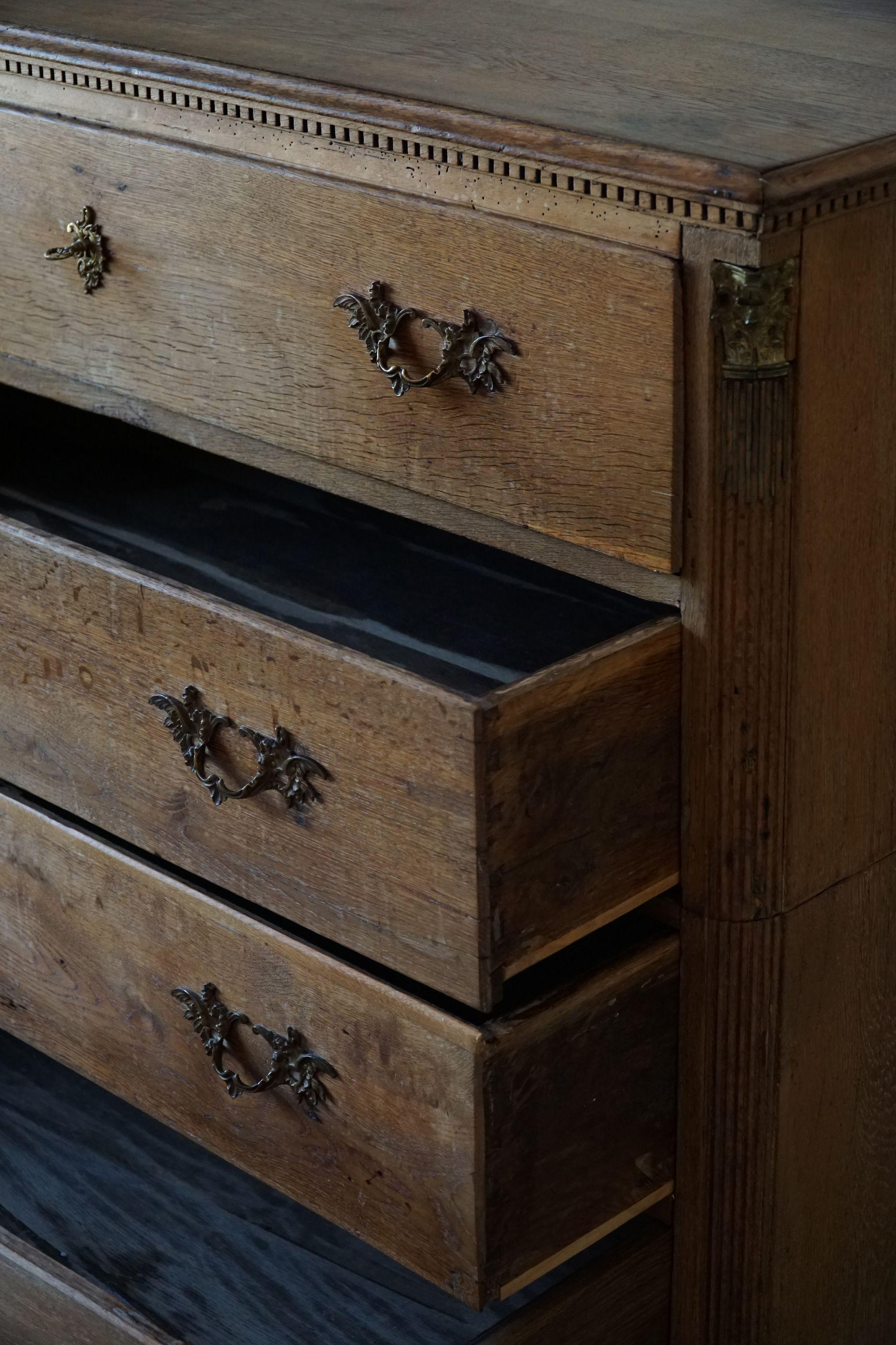 Brass Antique Chest of Drawers in Oak, Made in Denmark, Mid-19th Century
