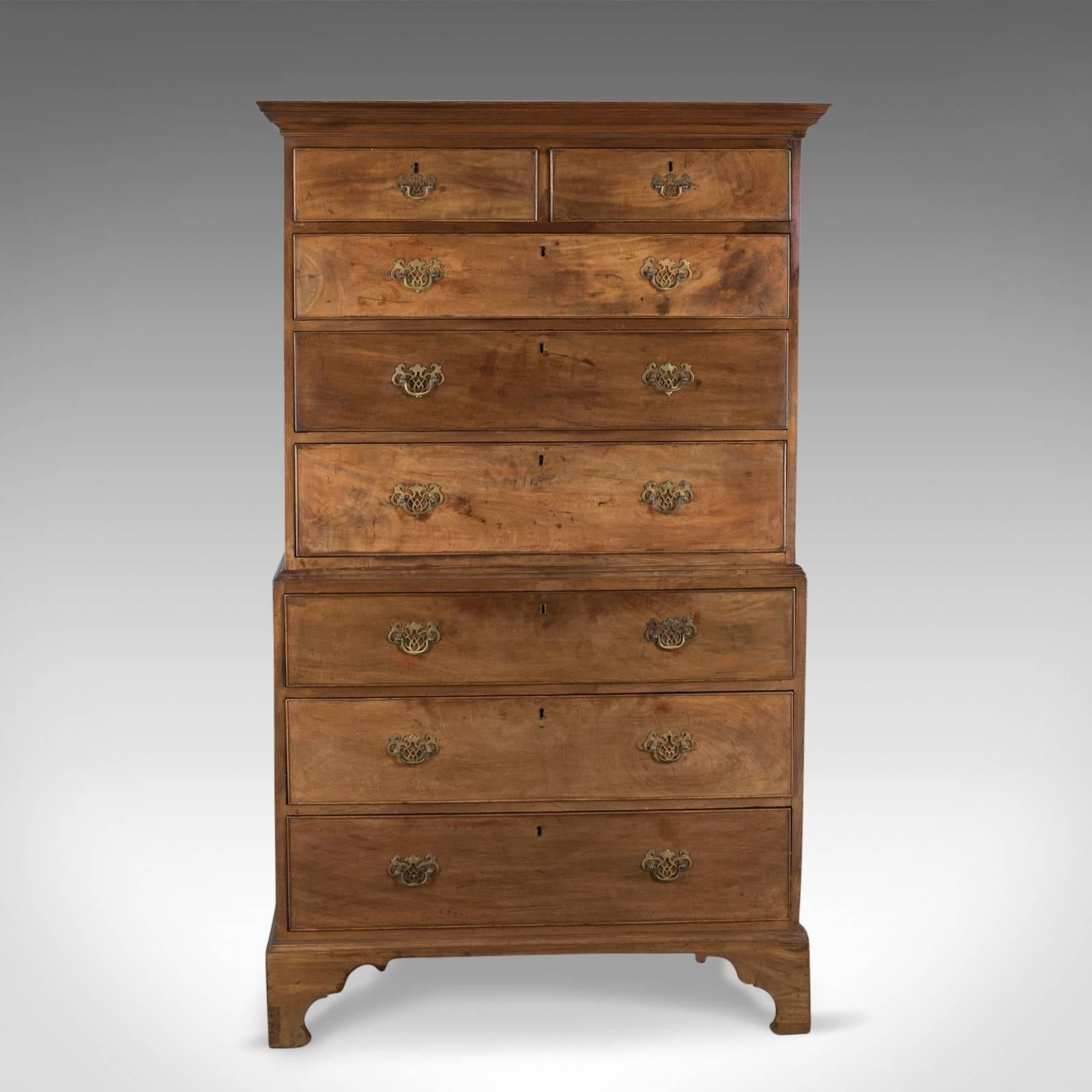 This is an antique chest on chest of drawers, an English, late Georgian tall boy in mahogany and dating to circa 1780.

Appealing, natural tonal qualities to the quality mahogany
Grain interest throughout with a lustrous, wax polished