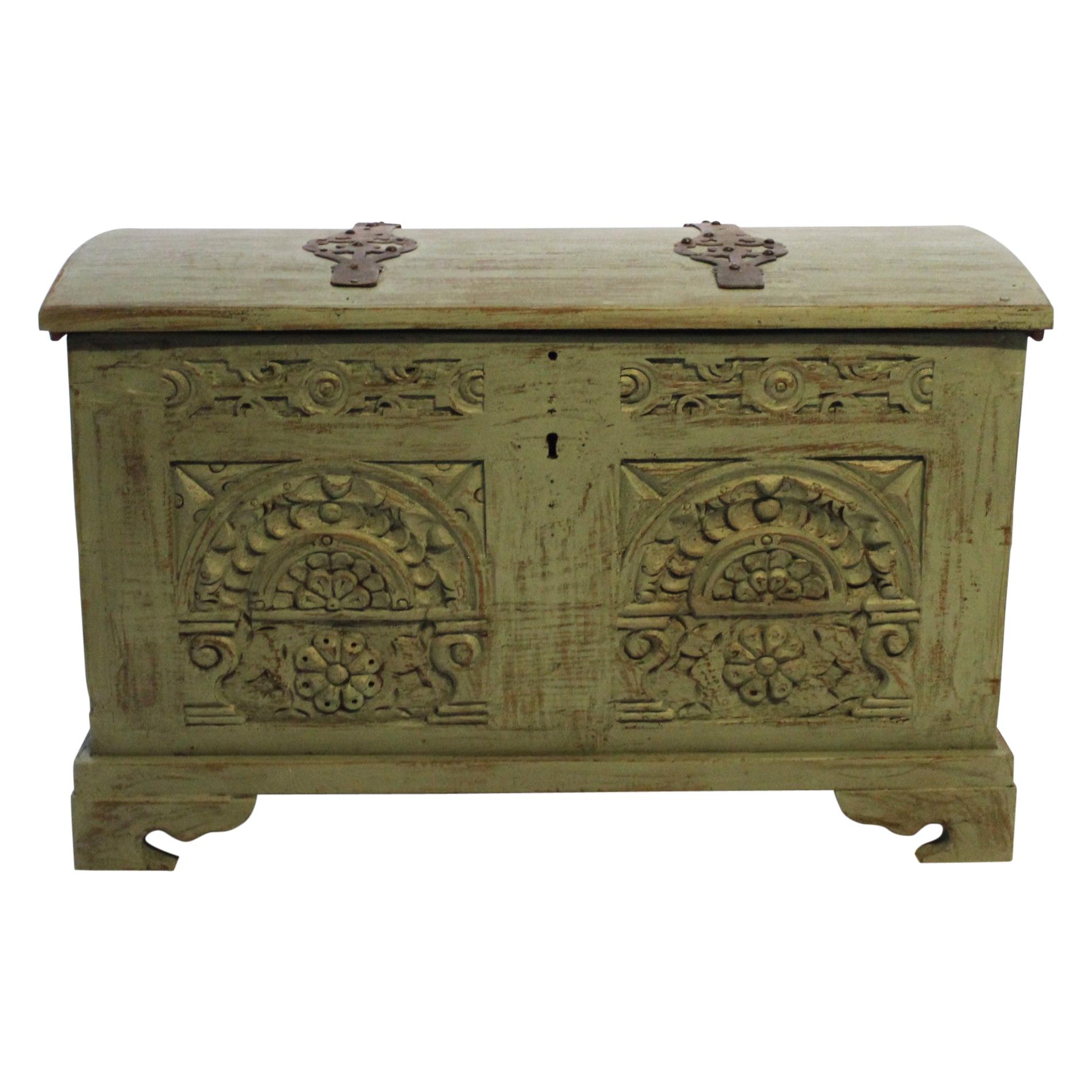 Antique Chest with Carvings and Original Paint, 1740s