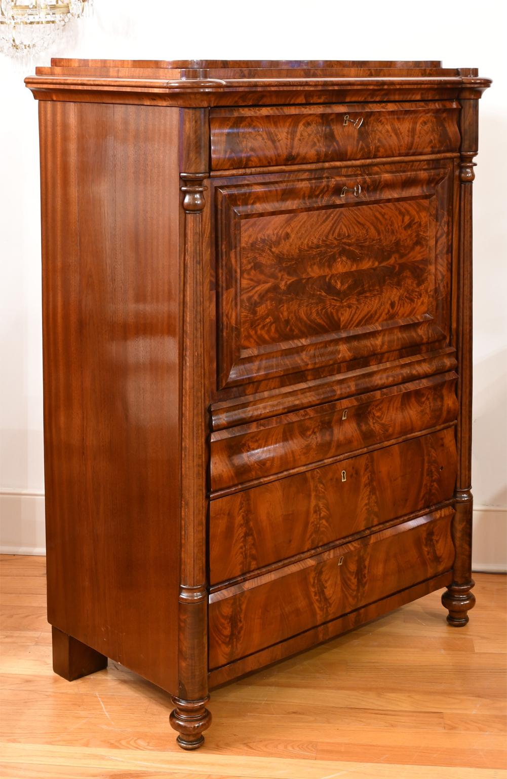 Hand-Carved Antique Chest with Fall-Front Secretary Desk in West Indies Mahogany, Denmark