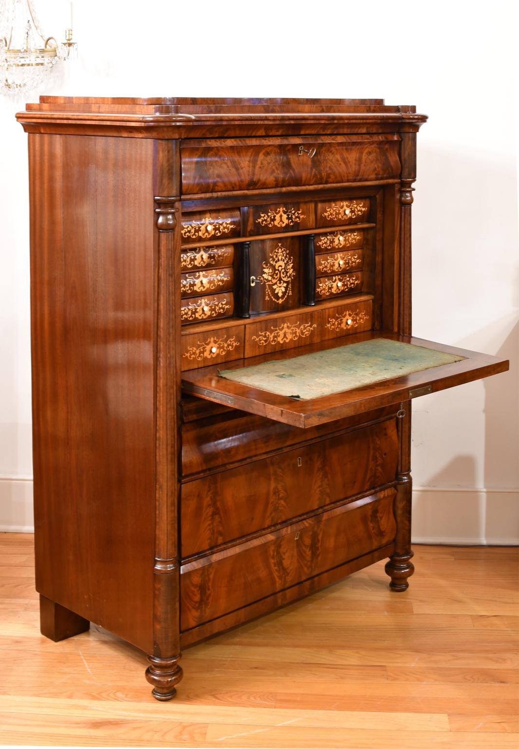 Antique Chest with Fall-Front Secretary Desk in West Indies Mahogany, Denmark In Good Condition In Miami, FL
