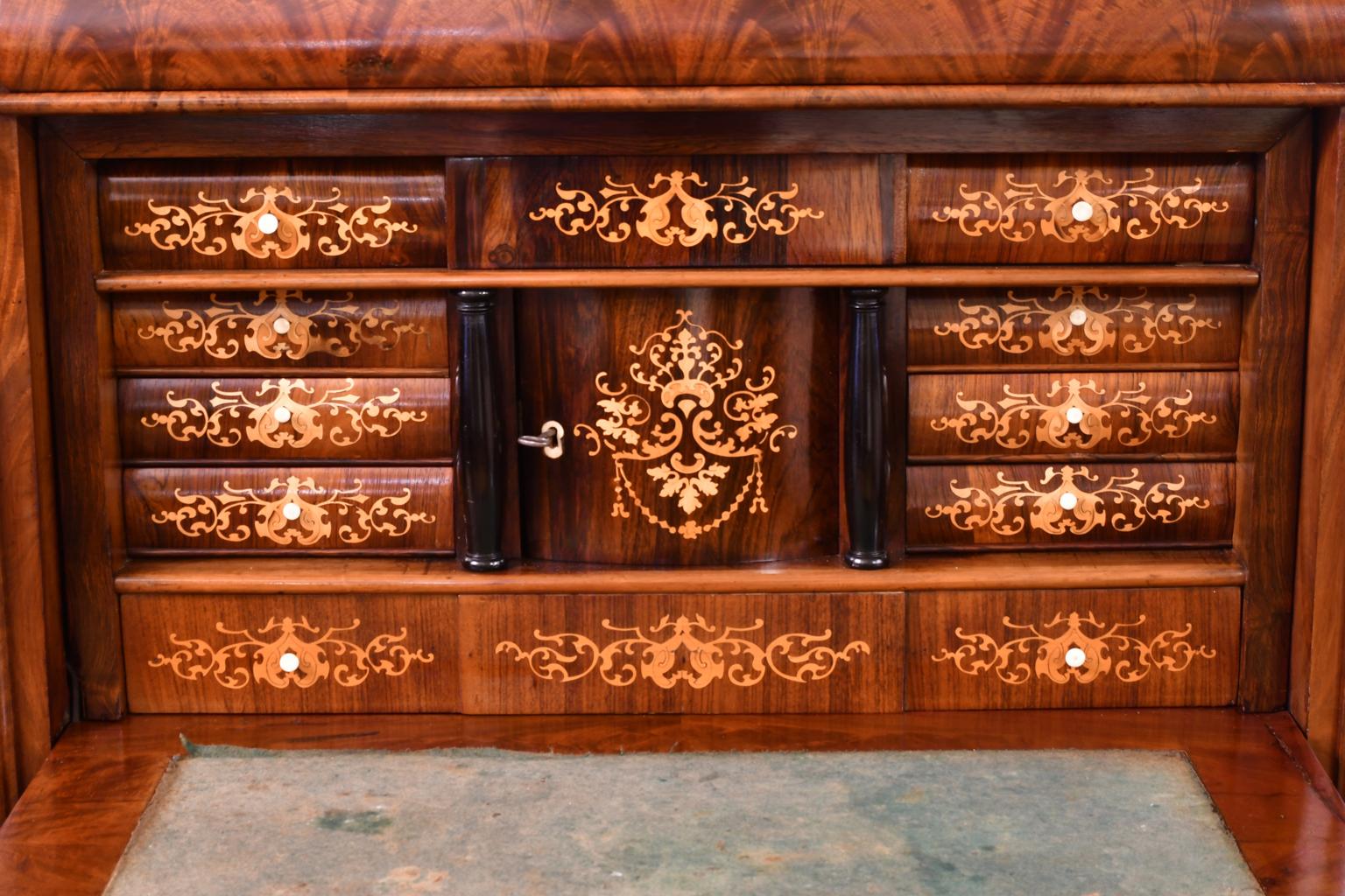 Satinwood Antique Chest with Fall-Front Secretary Desk in West Indies Mahogany, Denmark