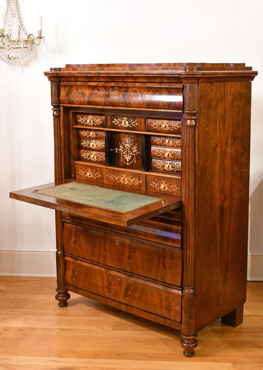 Danish Antique Chest with Fall-Front Secretary Desk in West Indies Mahogany, Denmark