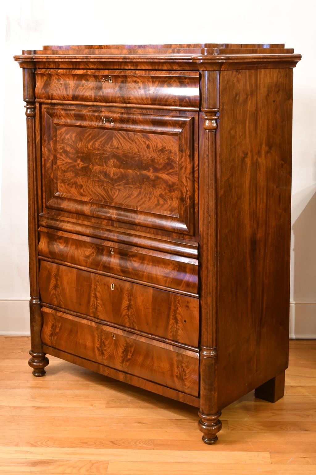 Biedermeier Antique Chest with Fall-Front Secretary Desk in West Indies Mahogany, Denmark