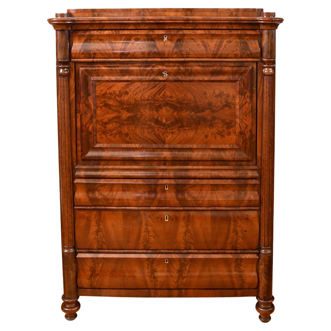 Antique Chest with Fall-Front Secretary Desk in West Indies Mahogany, Denmark