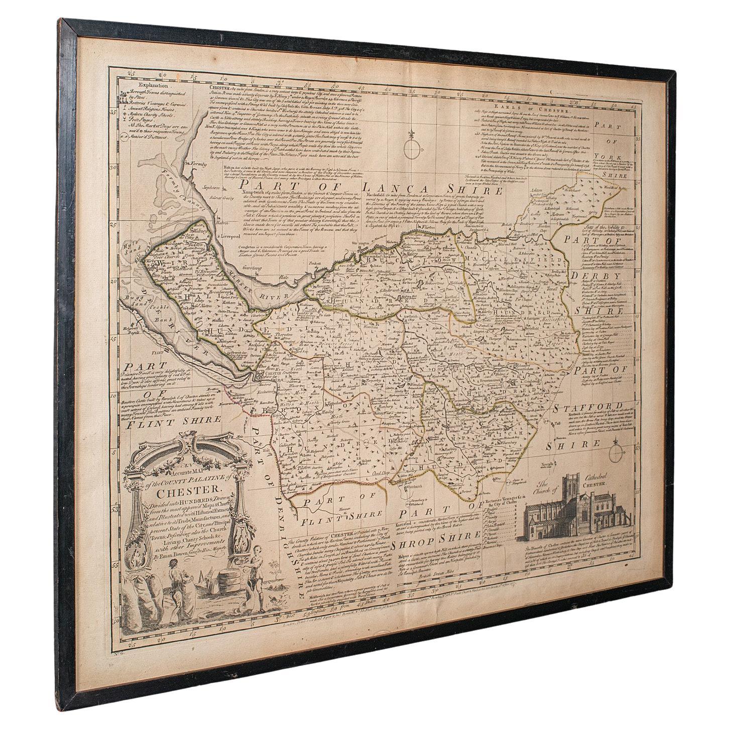 Antique Chester County Map, English, Cheshire, Framed Cartography, Georgian