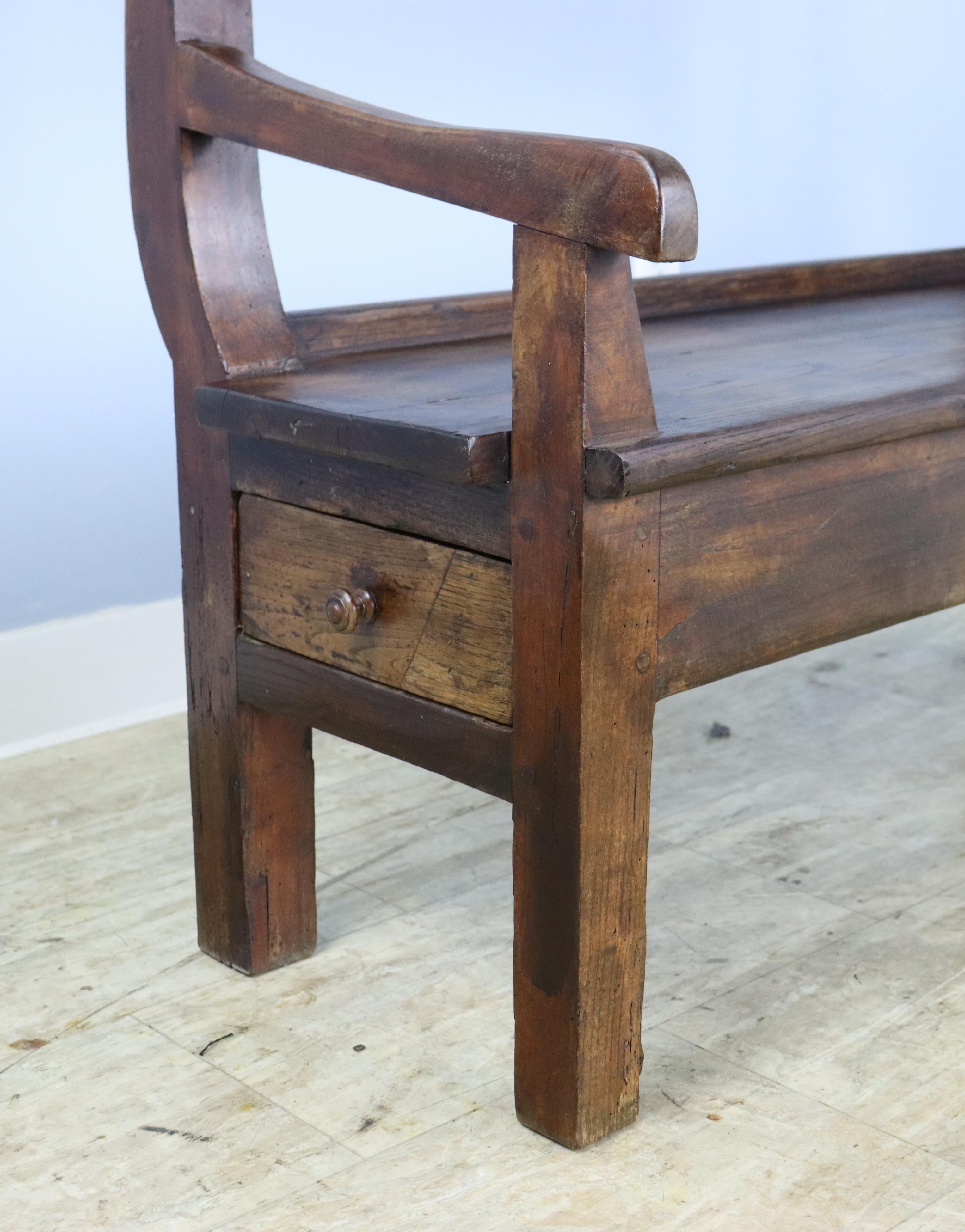 French Antique Chestnut Bench with One Drawer