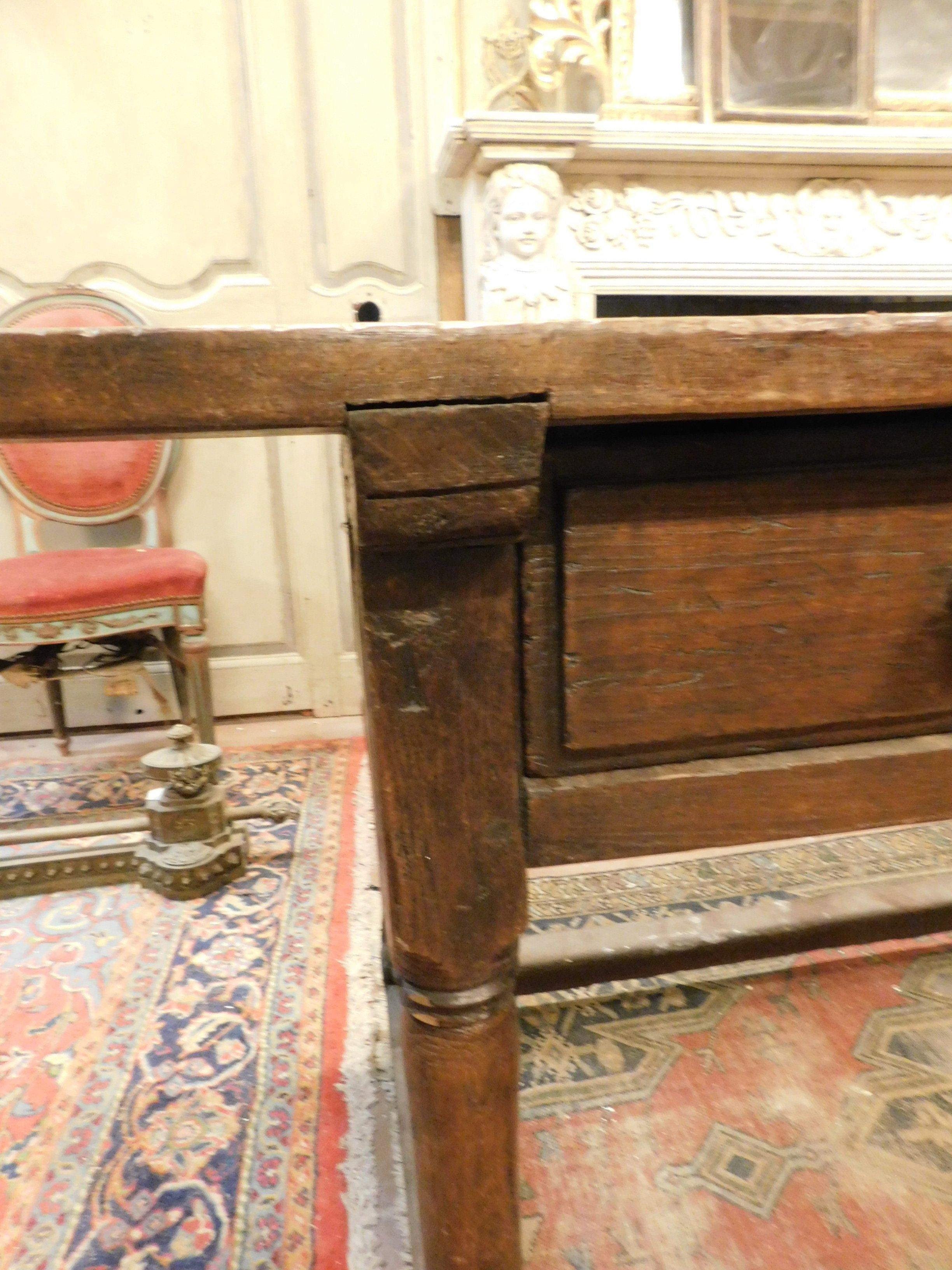 Hand-Carved Antique Chestnut Table with Drawers, 17th Century Italy For Sale