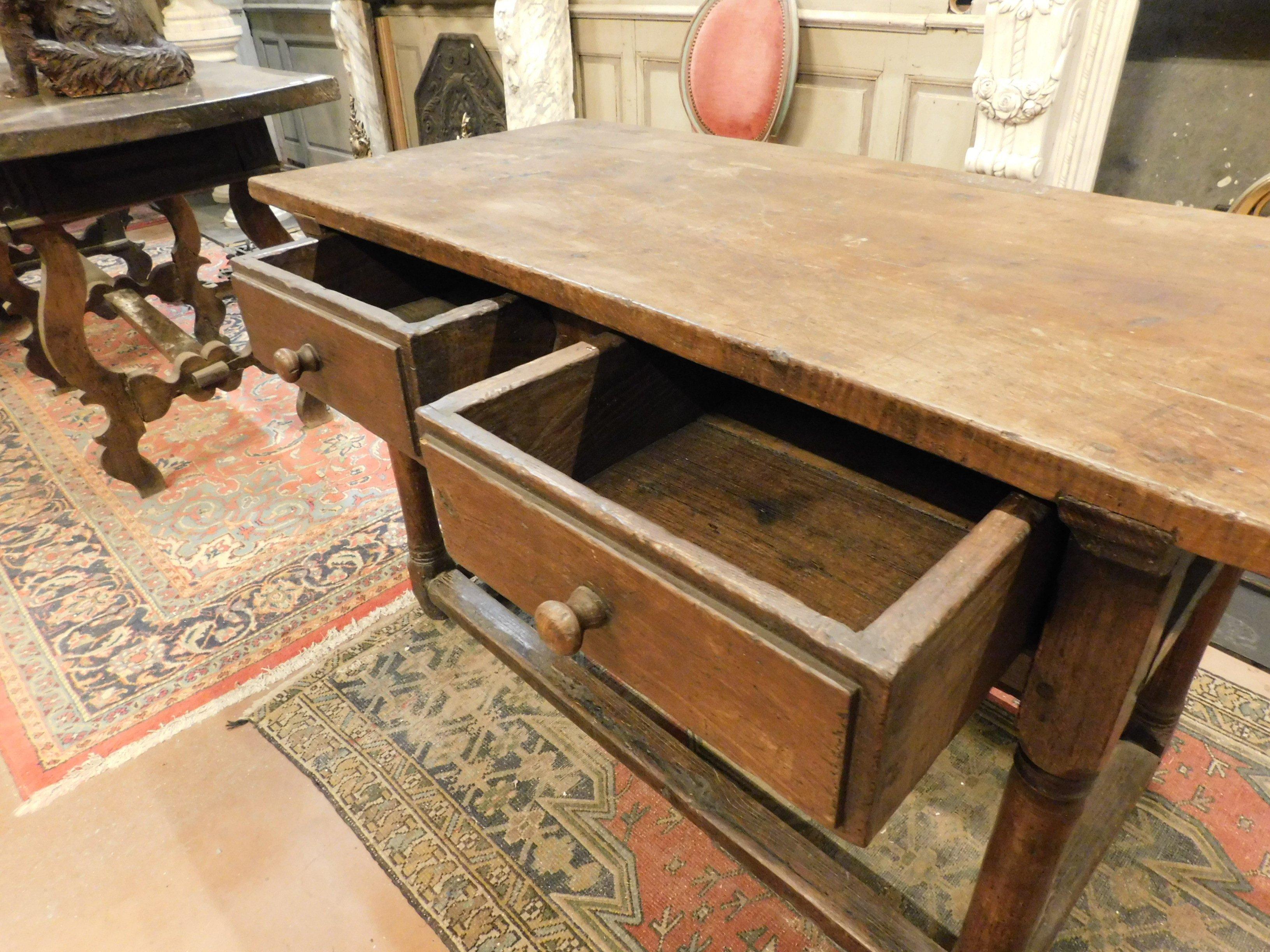18th Century and Earlier Antique Chestnut Table with Drawers, 17th Century Italy For Sale