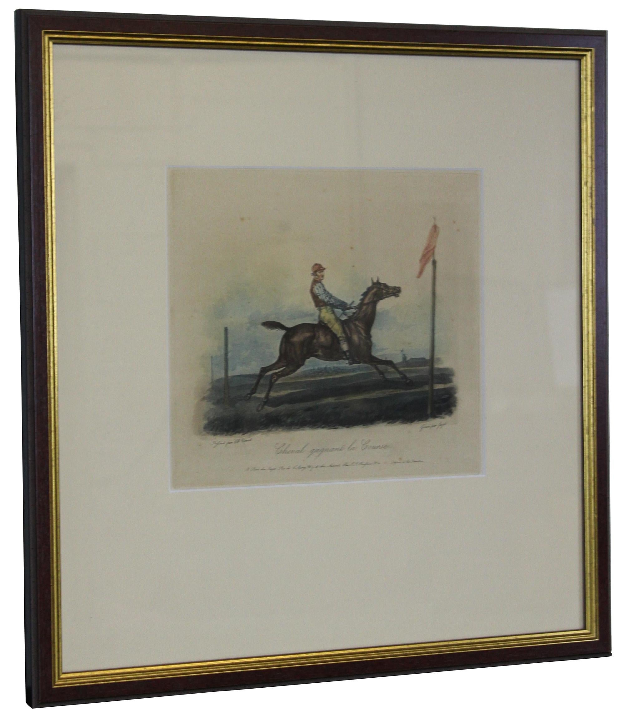 Gravure équestre du milieu du XIXe siècle, colorée à la main, d'après l'artiste français Carle Vernet. Le titre est Cheval Gagnant ; A Course ou 