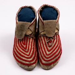 Antique 1890s Pair of Plains Beaded Moccasins, Unique Red Glass Trade Beads