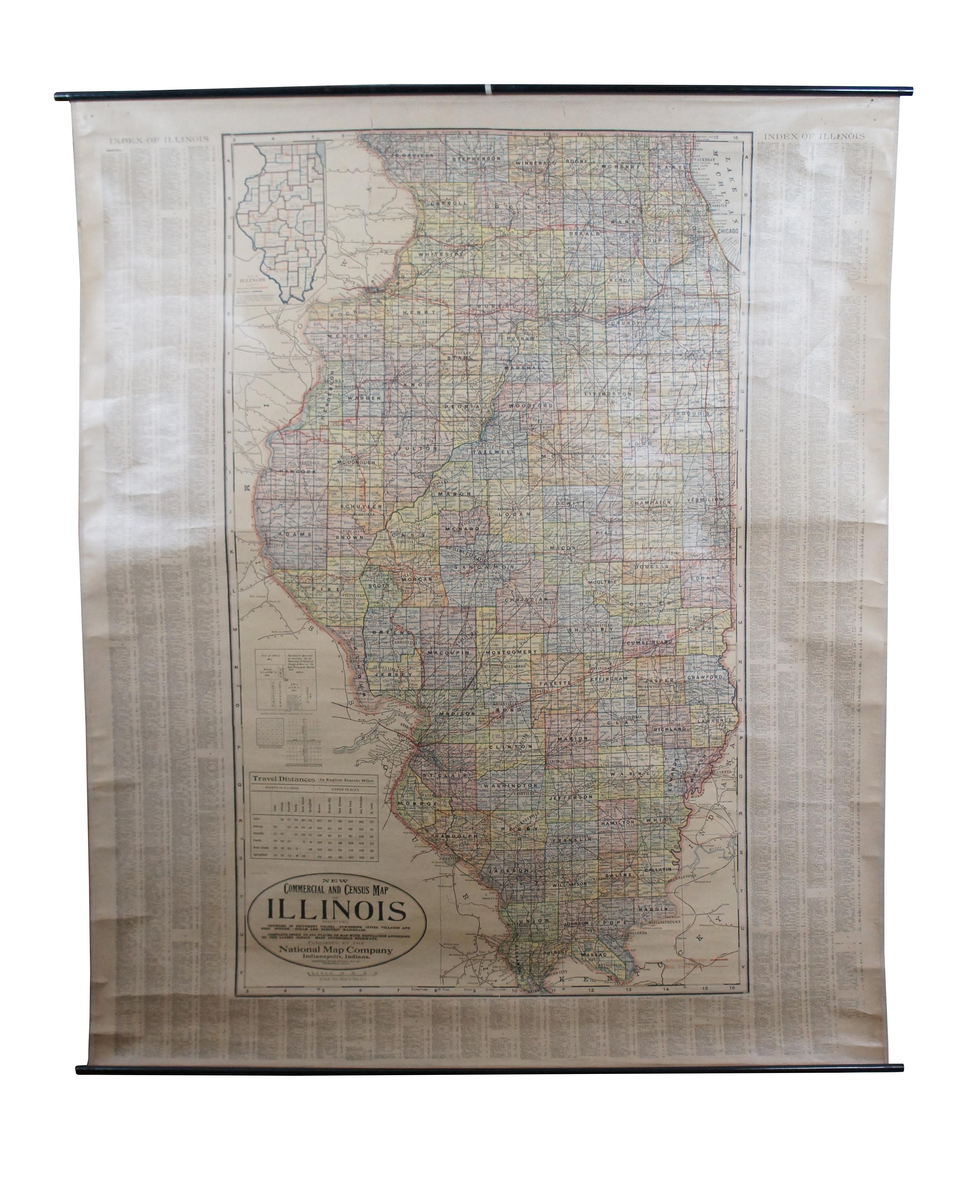 Antike doppelseitige Hängekarte aus dem frühen bis mittleren 20. Jahrhundert mit dem Titel New Commercial and Census Map of Illinois, Edition 1073. Die Rückseite zeigt die Nationale Karte von Chicago und den Vorstädten - Offizielle Bezirksgrenzen -