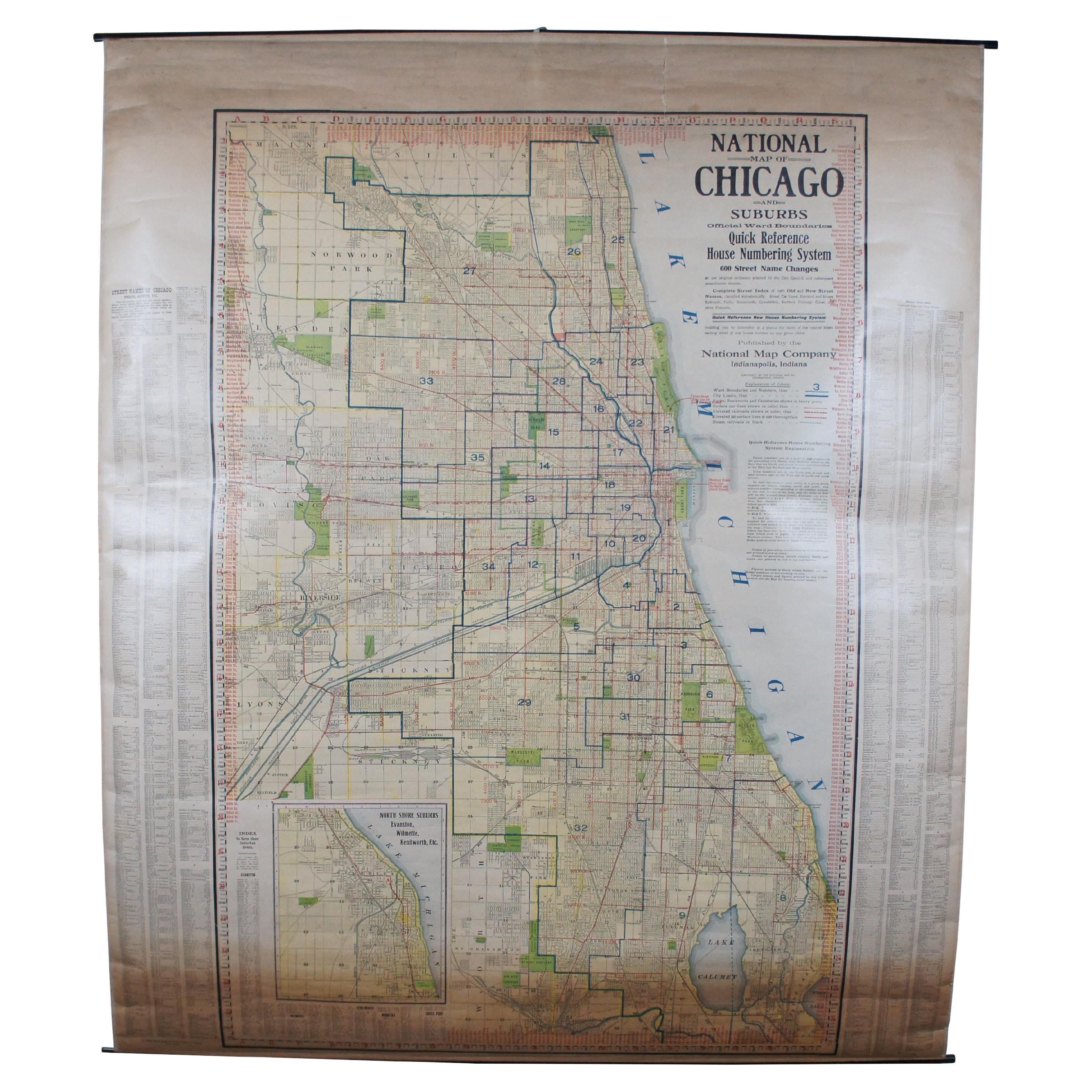 Antique Chicago Illinois National Map Commercial Rollup Classroom Census Map 47" For Sale