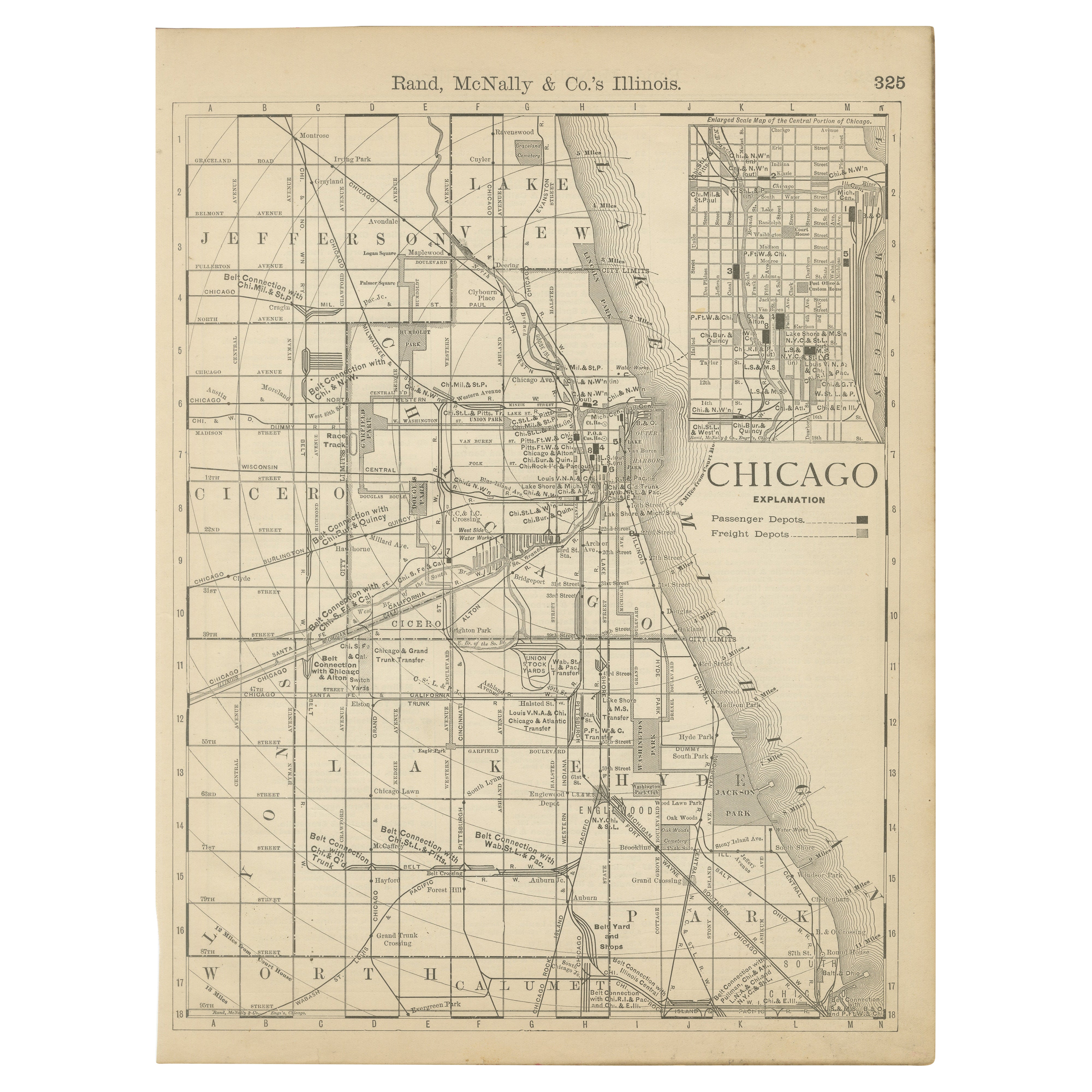 Antike Chicago Karte Wandkunst - Eisenbahnen, Lake Michigan 
City Grid, ca.1888 im Angebot