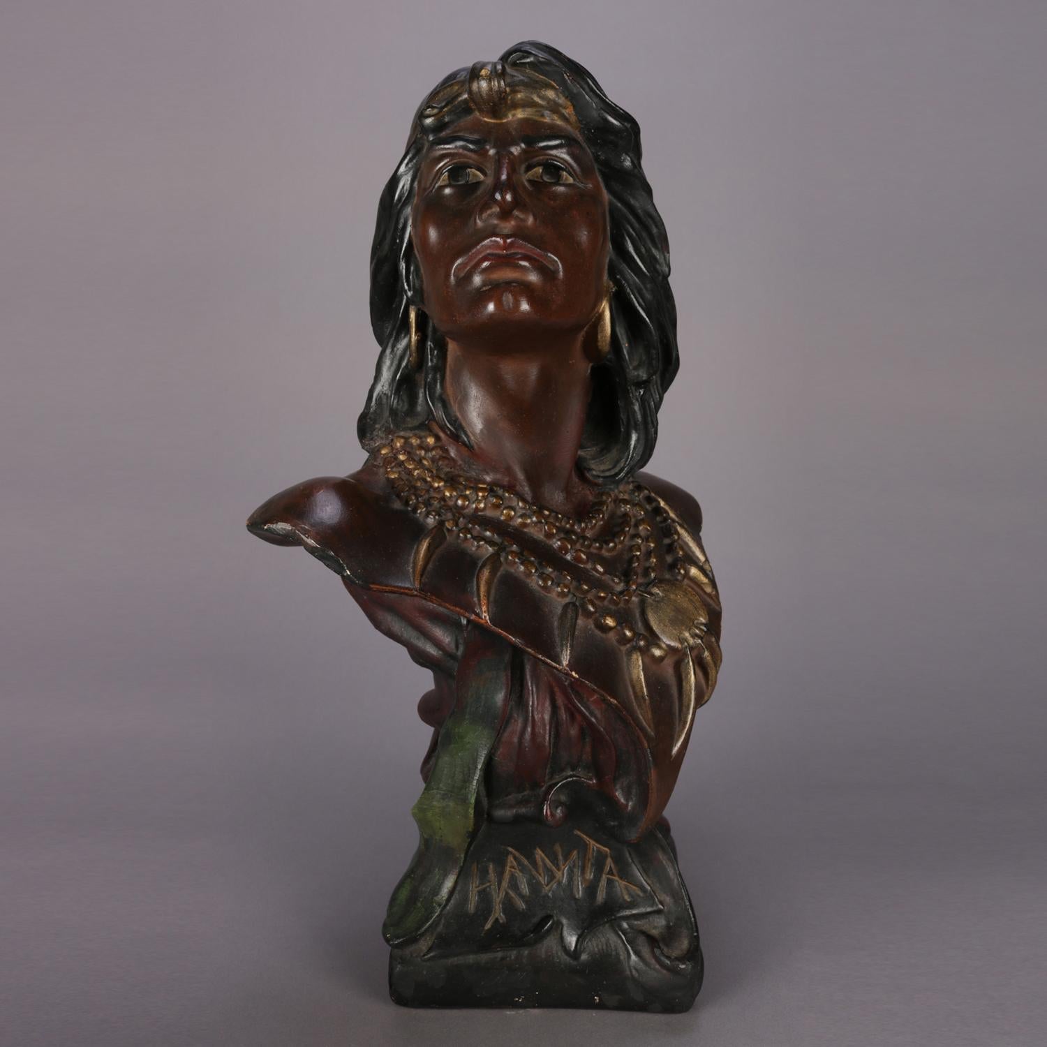 Native American Antique Chief Hawata Figural Chalkware American Indian Portrait Sculpture