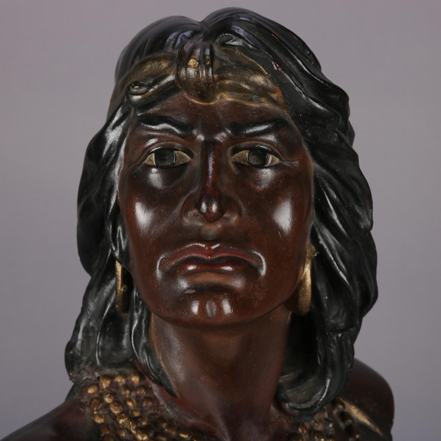 Hand-Painted Antique Chief Hawata Figural Chalkware American Indian Portrait Sculpture