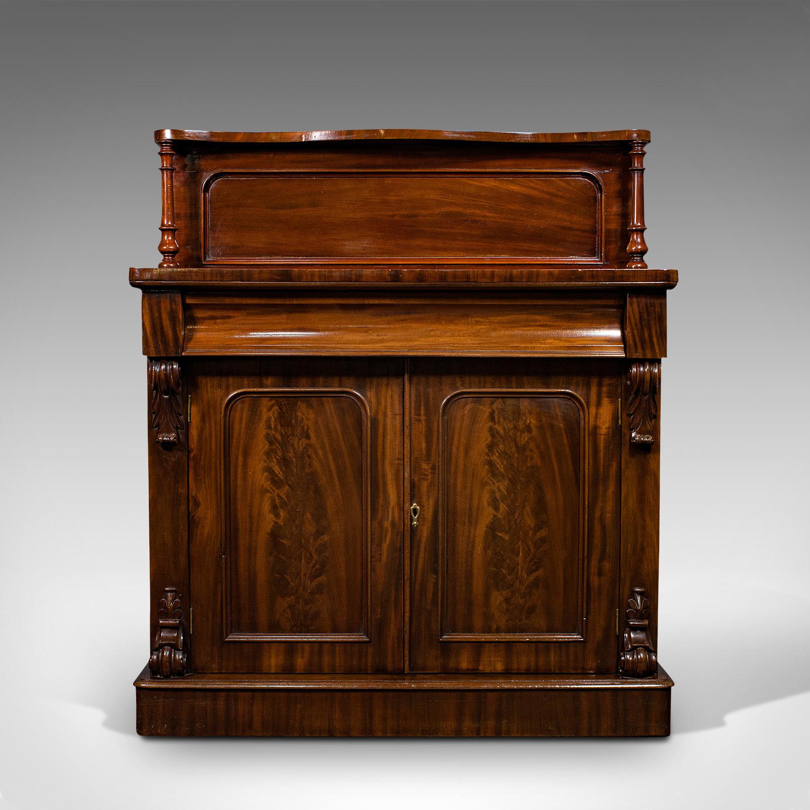 This is an elegant antique chiffonier. An English, mahogany sideboard cabinet, dating to the Victorian period, circa 1880.

Beautifully figured with attractive craftsmanship
Displaying a desirable aged patina
Select mahogany offers superb grain