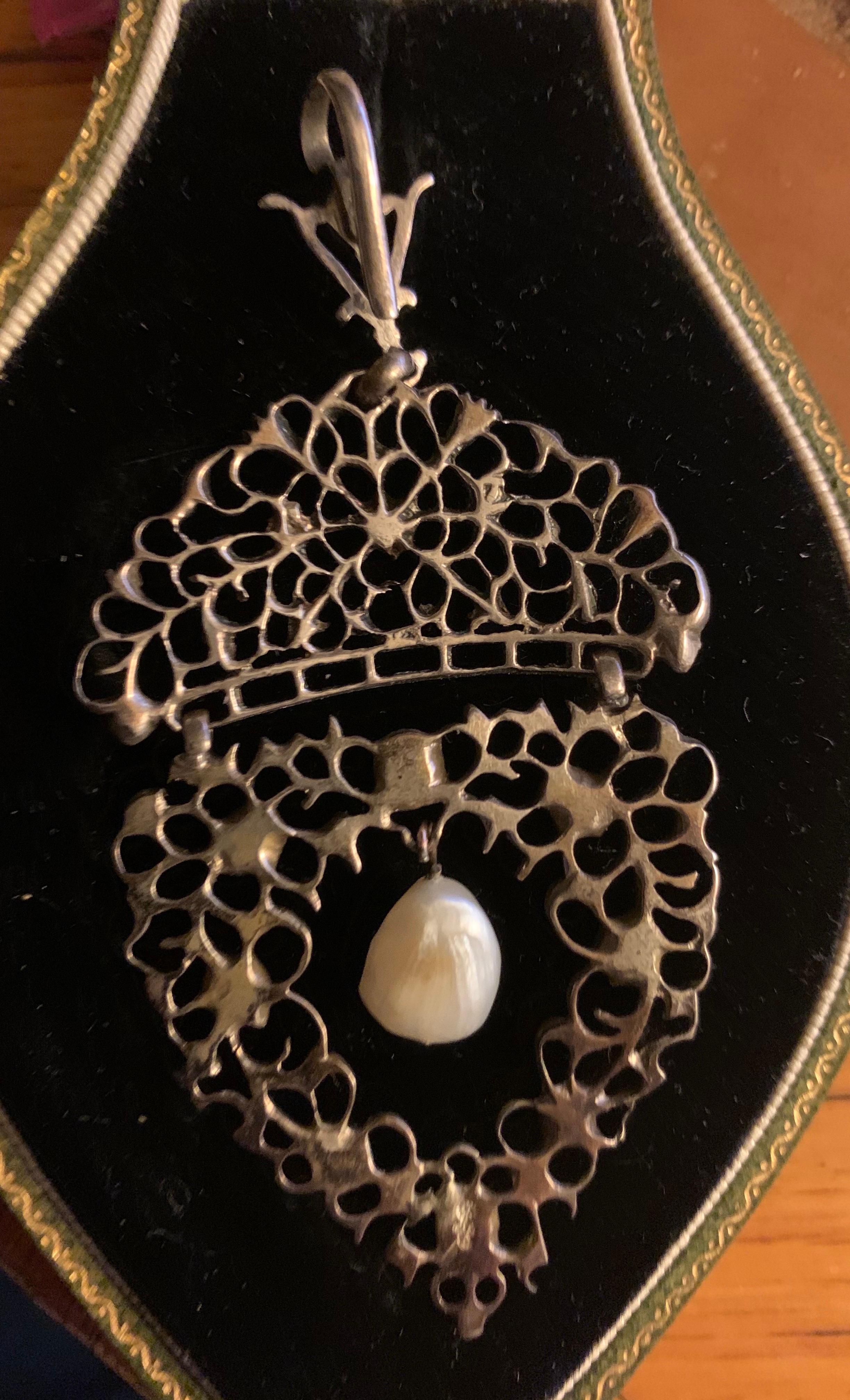 Antique Child & Child Renaissance Revival Rose Cut Diamond Baroque Pearl Pendant For Sale 1