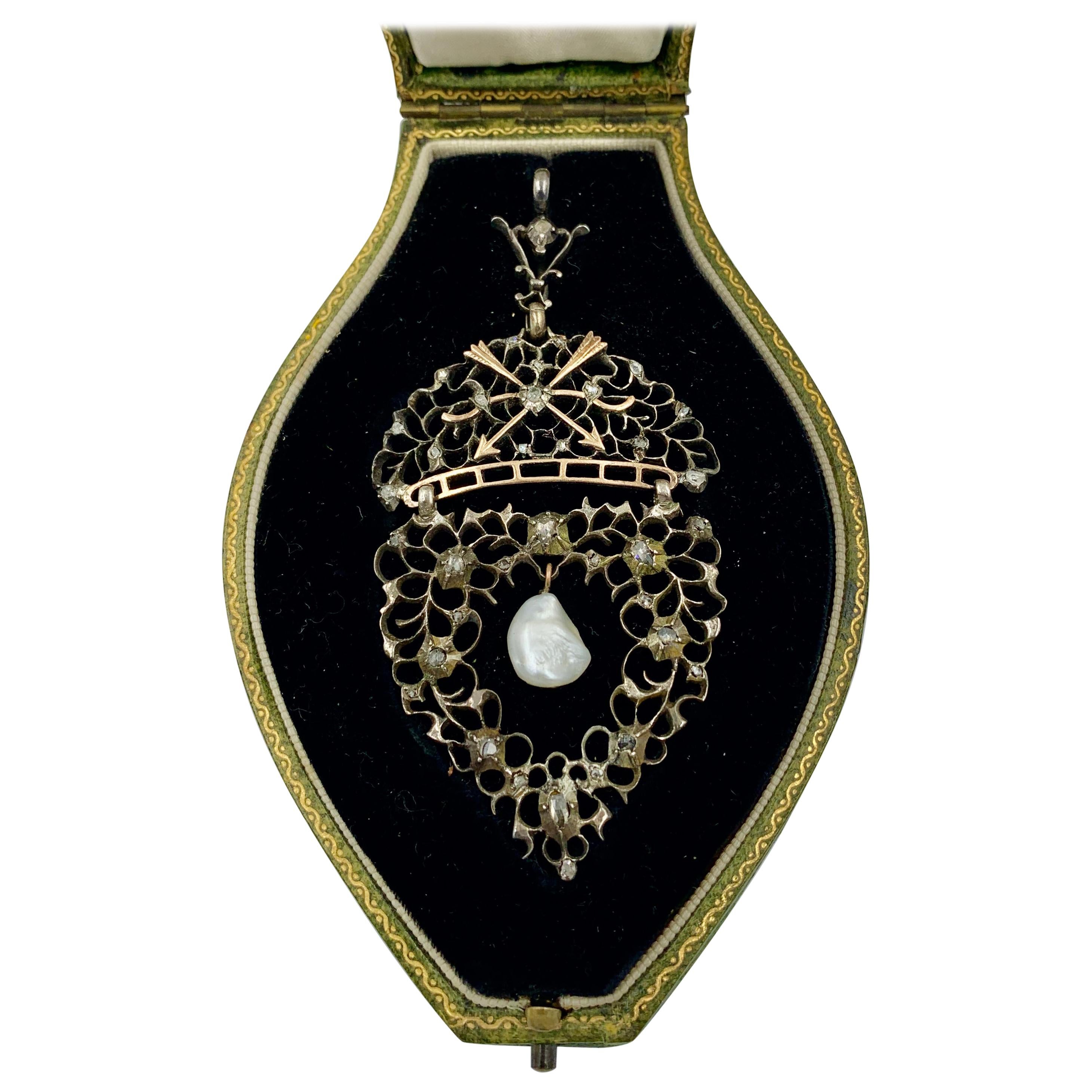 Antique Child & Child Renaissance Revival Rose Cut Diamond Baroque Pearl Pendant For Sale