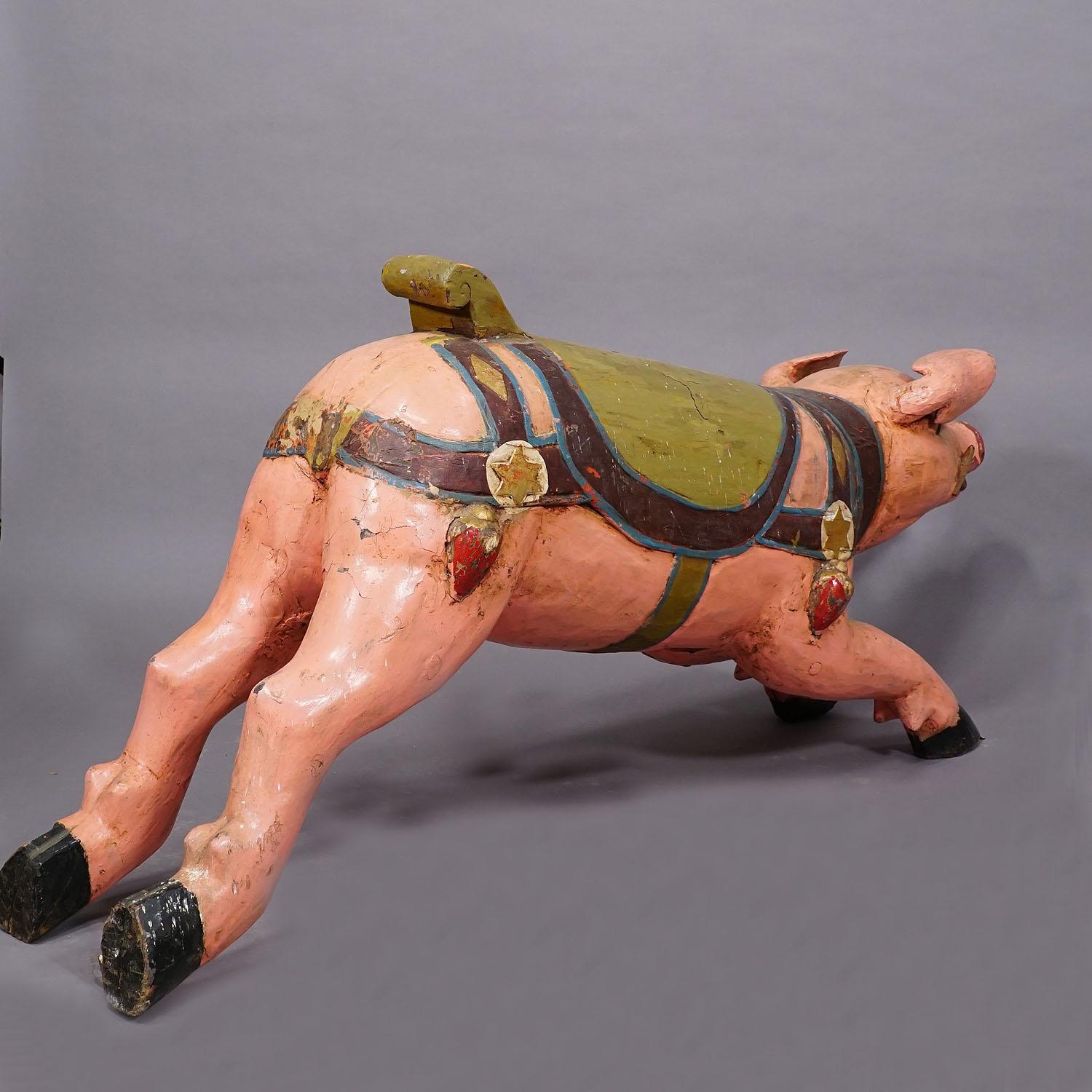 Wood Antique Children Carousel Pig, Germany ca. 1920s For Sale