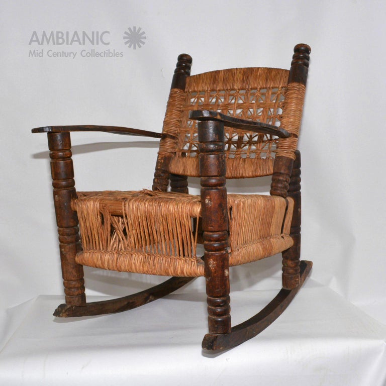 Antique Children's Rocking Chair Wood and Wicker Seagrass Armchair