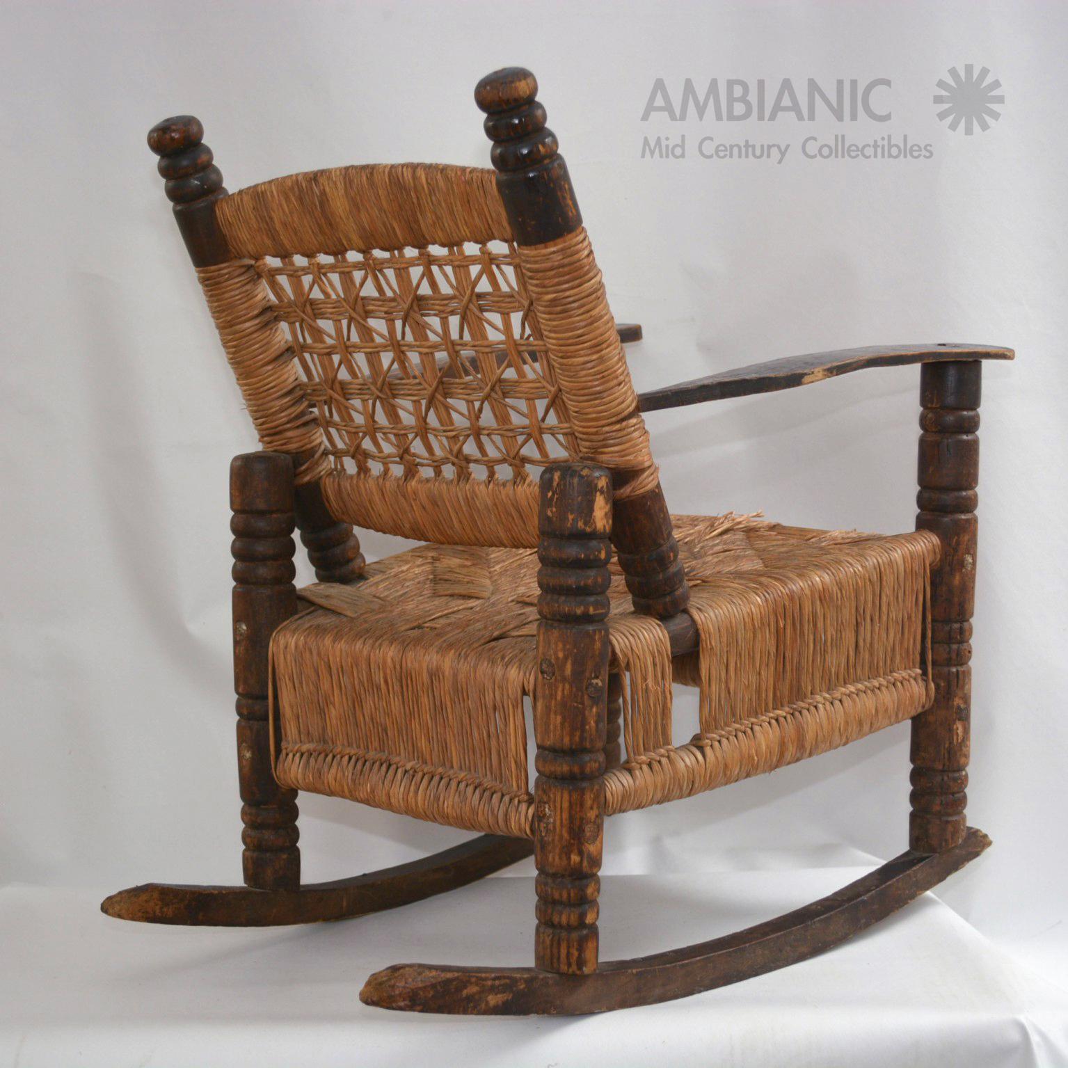Mid-Century Modern Antique Children's Rocking Chair Wood and Wicker Seagrass Armchair Rocker, 1930s